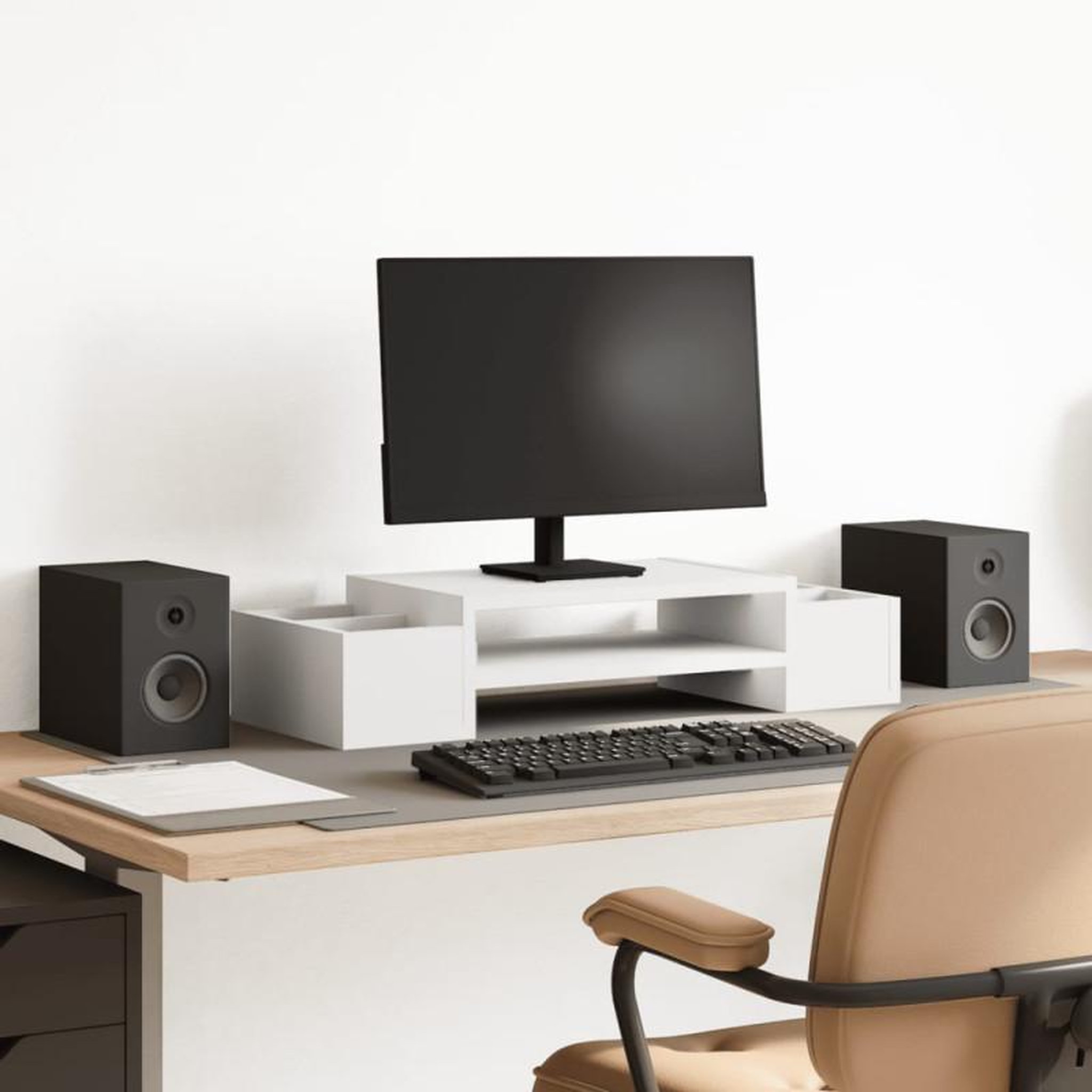 Voir la diapositive 1 : VIDAXL Support de moniteur avec rangement blanc bois d ingénierie