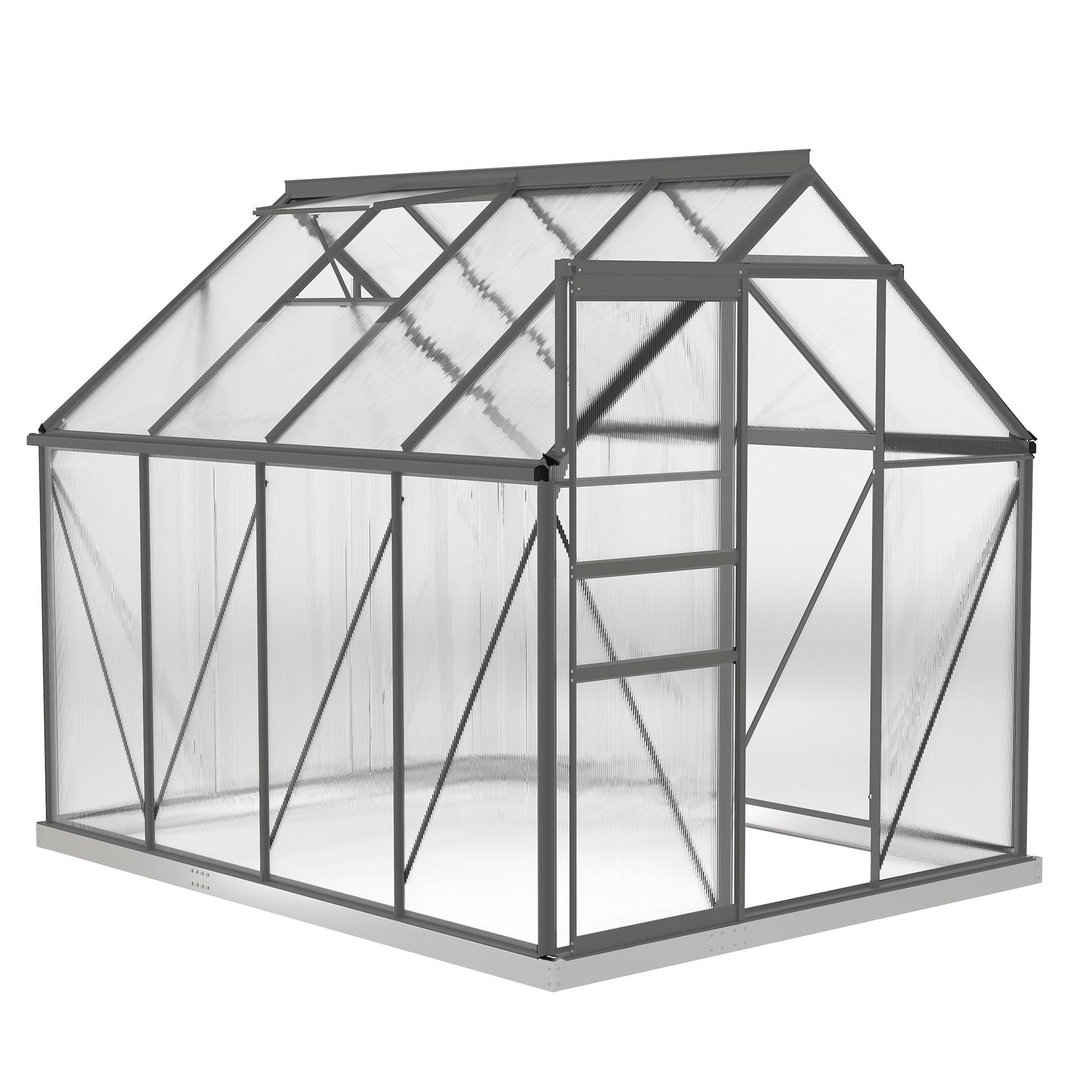 OUTSUNNY Serre de jardin polycarbonate alu 4,8 m² dim. 2,53l x 1,9l x 1,99h m lucarne réglable fondation porte coulissante gris