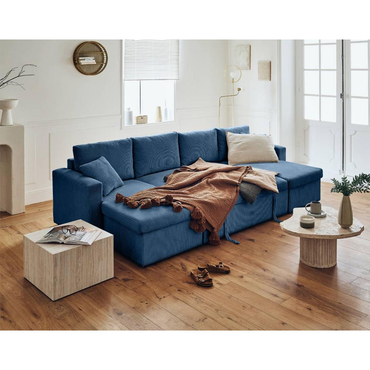 BEST MOBILIER Cyrus - canapé panoramique en u - 7 places - convertible avec coffre - en velours côtelé