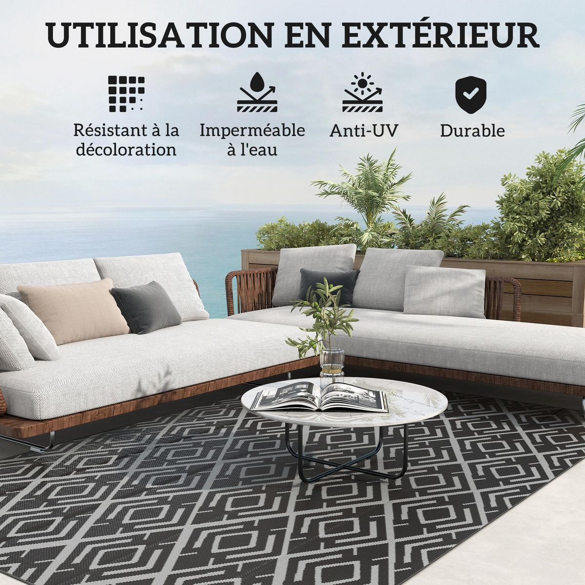 OUTSUNNY Tapis d'extérieur réversible motif graphique dim. 2,7 x 1,8 m polypropylène gris noir