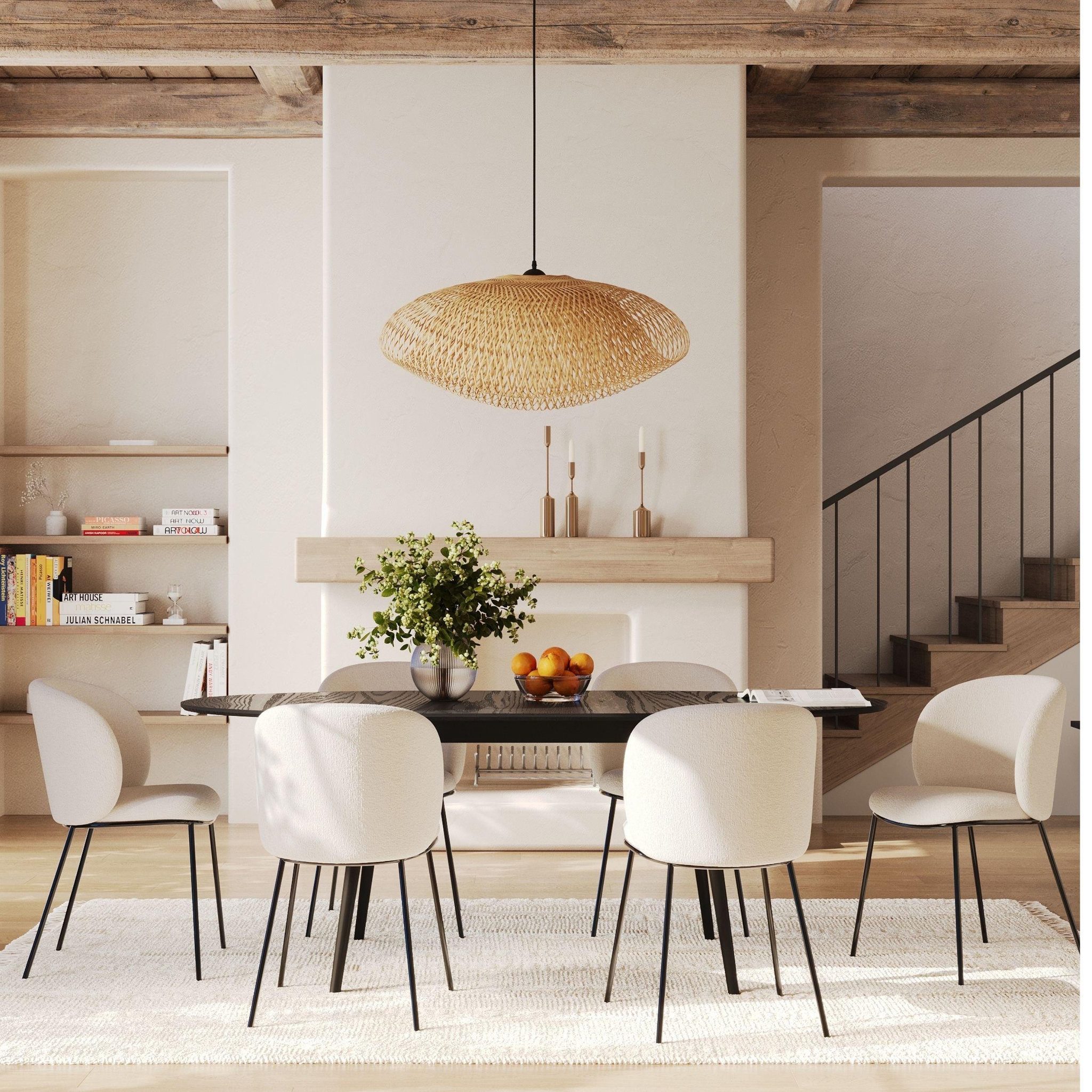 Voir la diapositive 5 : MAISON PAVANE Lot de 2 chaises en tissu doux blanc, pieds métal noir-bulle