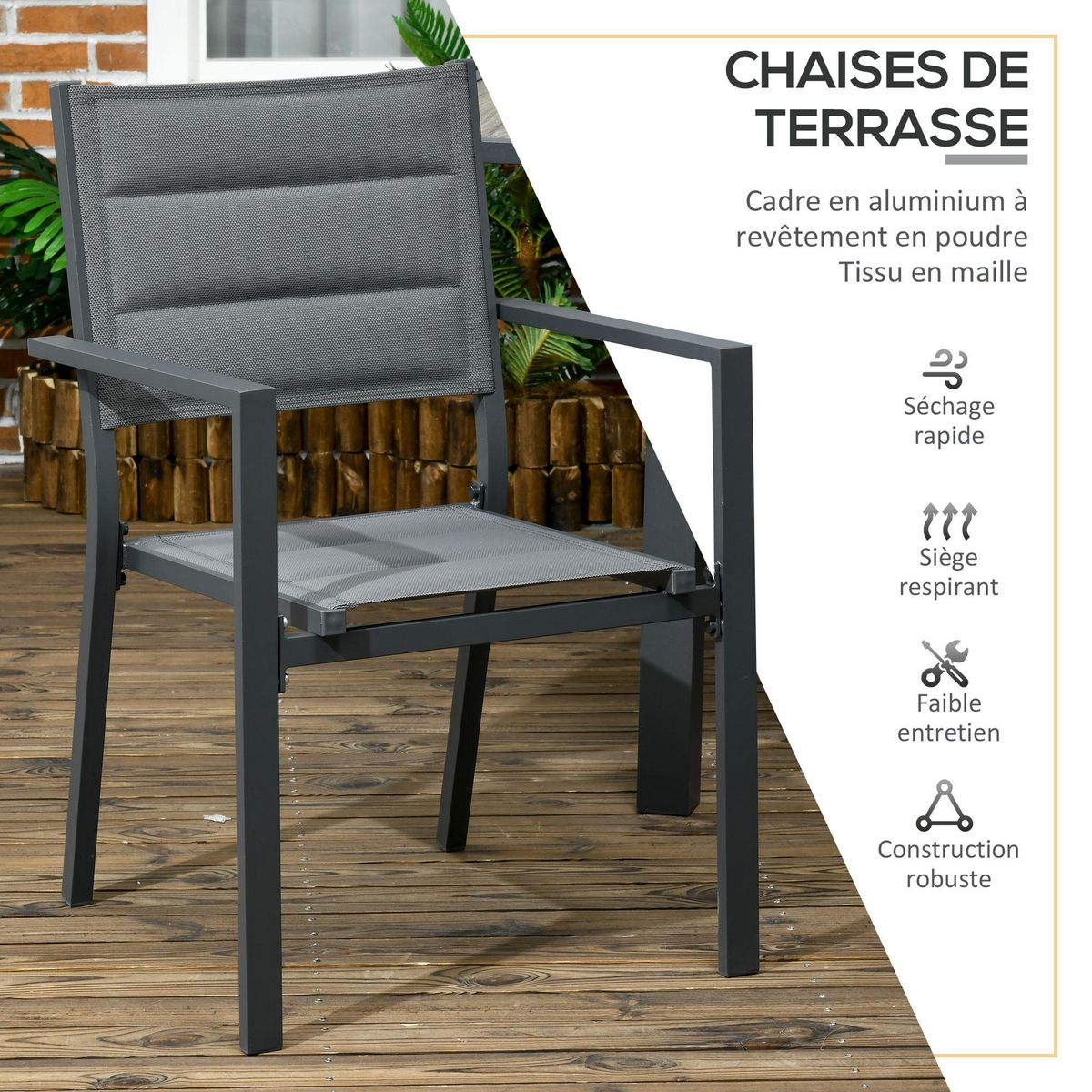 OUTSUNNY Ensemble de jardin 6 personnes chaises empilables table extensible 150/210L cm alu. teslin gris