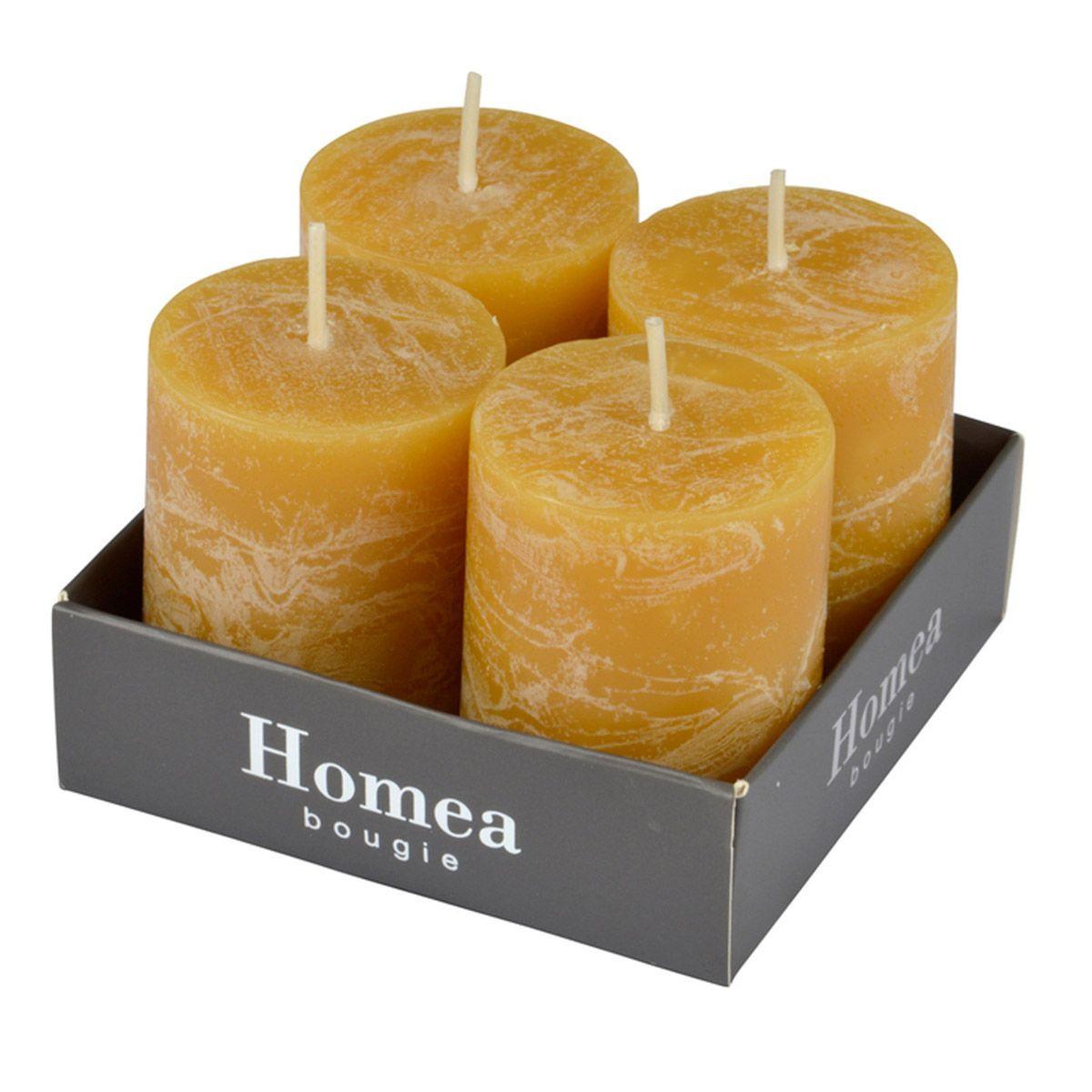 Voir la diapositive 2 : HOMEA Lot de 4 bougies pilier  rustique  5cm jaune