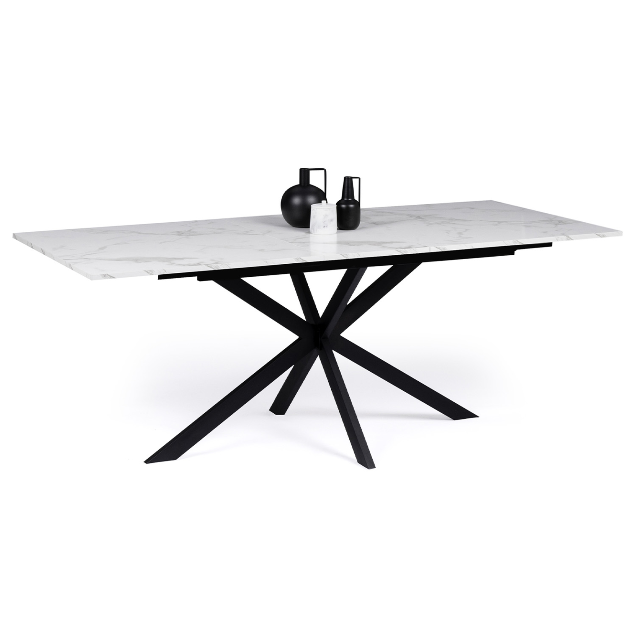 ID MARKET Table à manger extensible rectangle alix 6-10 personnes pied araignée noir plateau effet marbre blanc alaska 160-200 cm