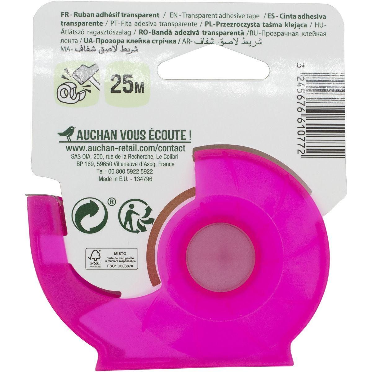 AUCHAN Rouleau ruban adhésif 25m transparent avec dévidoir rose
