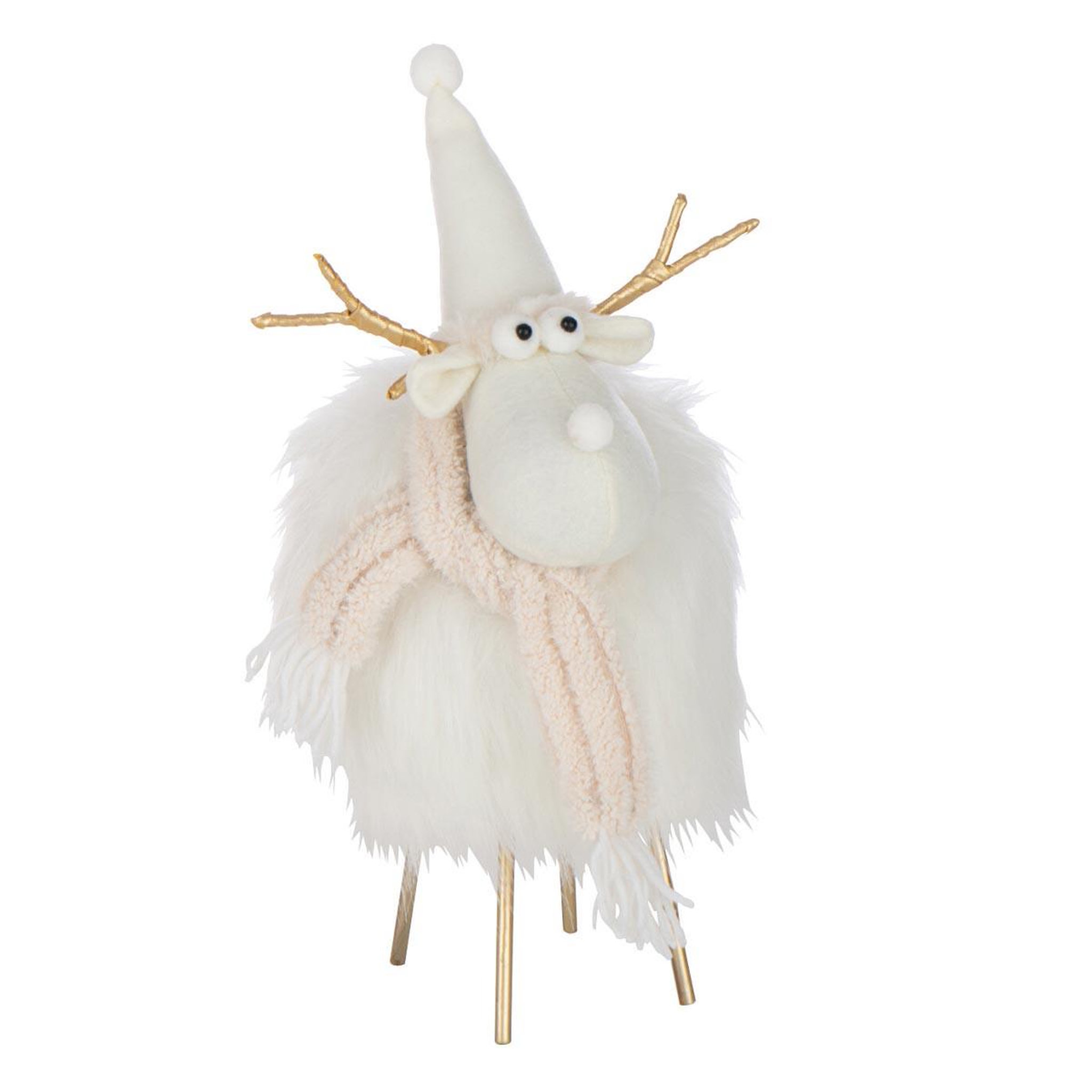 J-LINE Statuette renne déco  bonnet & foulard  36cm blanc
