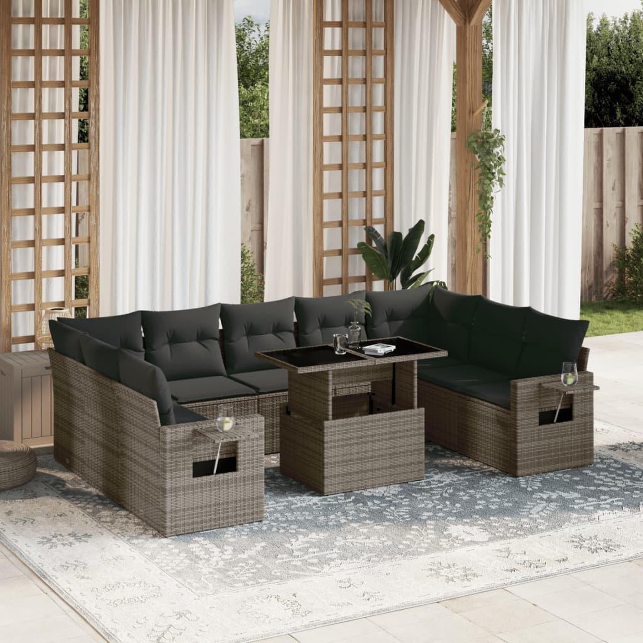 VIDAXL Salon de jardin avec coussins 10 pcs gris resine tressee