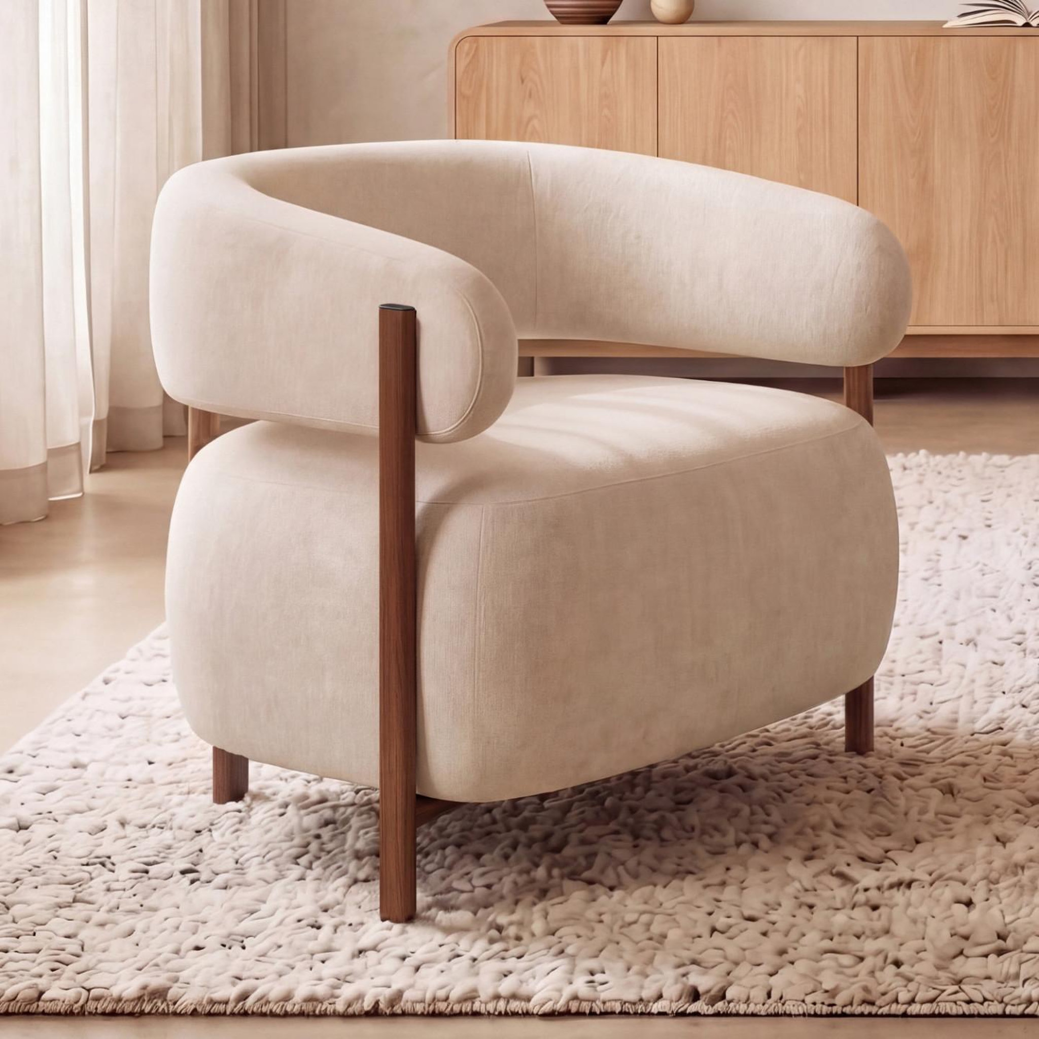 Voir la diapositive 2 : ID MARKET Fauteuil albert tissu chenille beige et pieds effet noyer