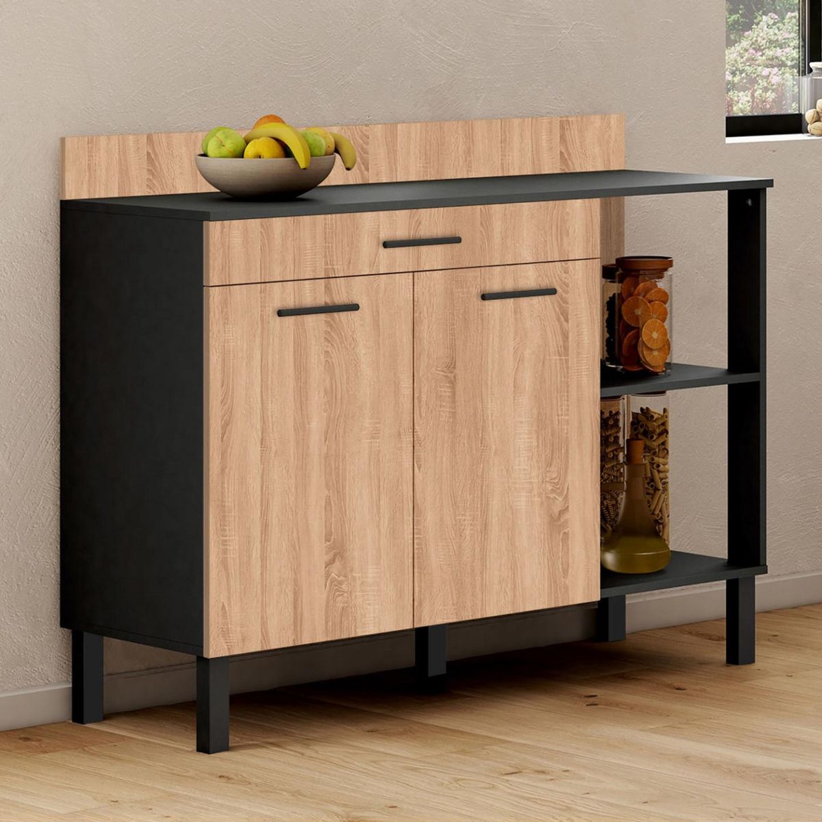 ID MARKET Buffet bas de cuisine 120 cm CINA plan de travail H.83 cm 2 portes + tiroir noir et façon hêtre