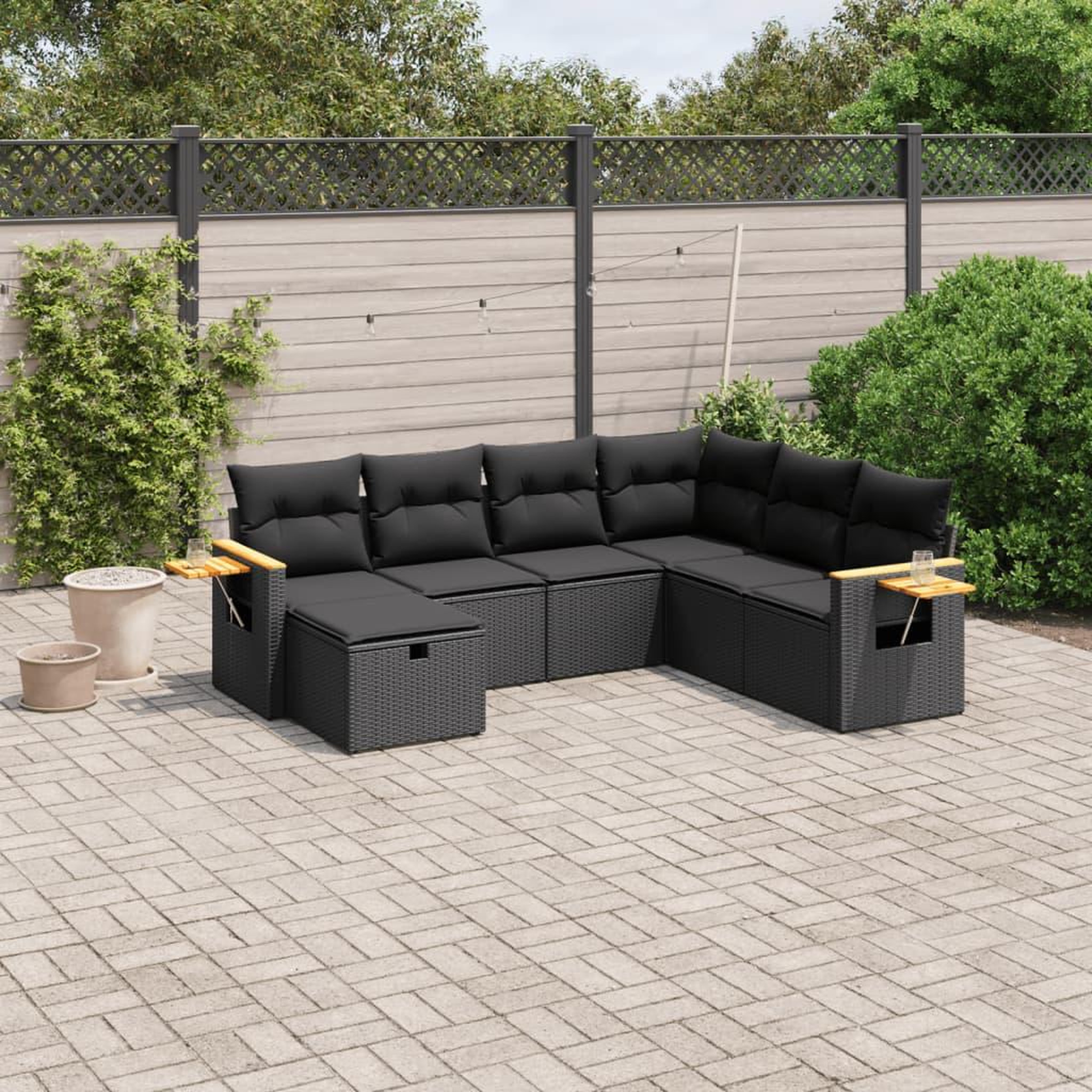 VIDAXL Salon de jardin 7 pcs avec coussins noir resine tressee