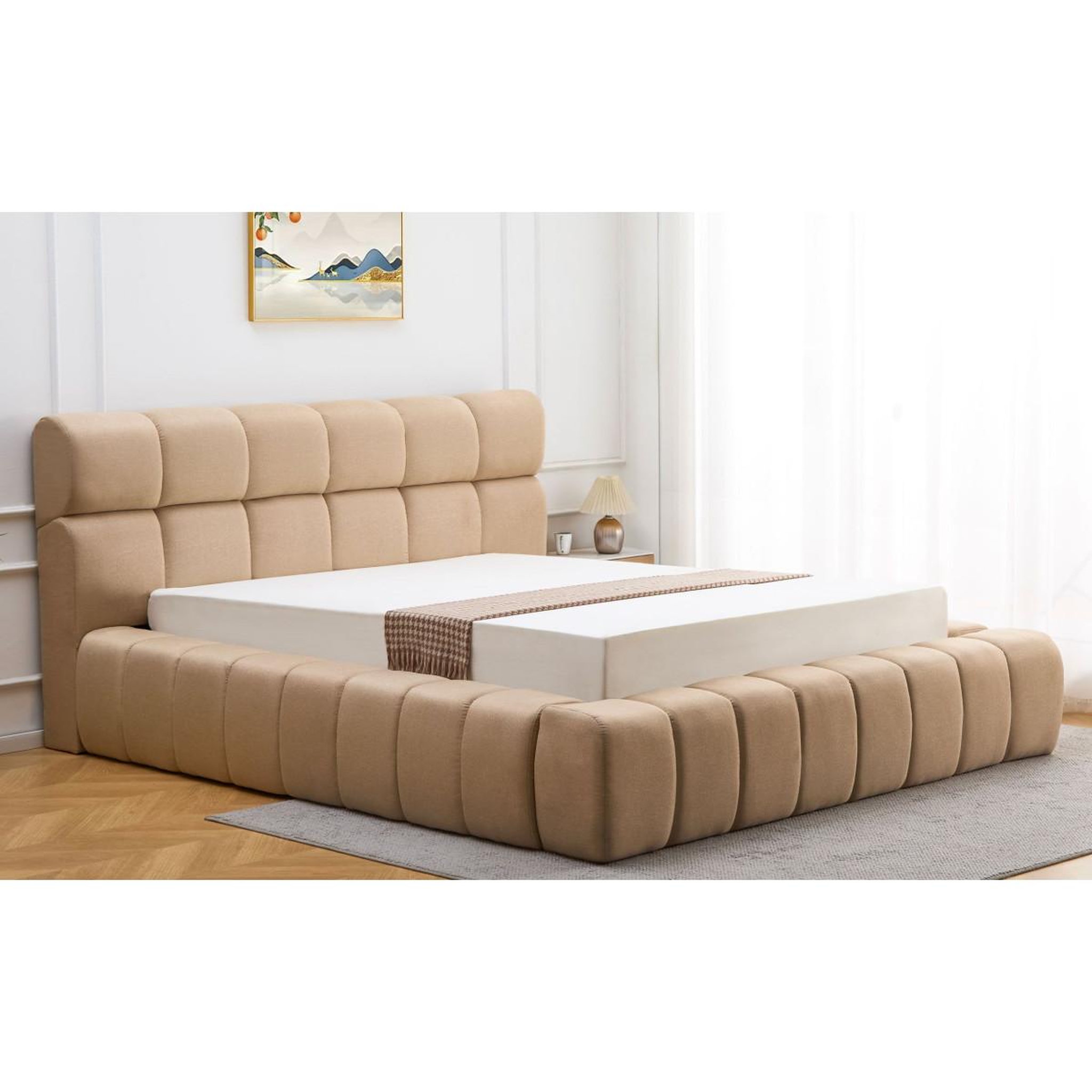 Voir la diapositive 2 : Paris Prix Lit coffre matelassé en tissu  seth  180x200cm beige