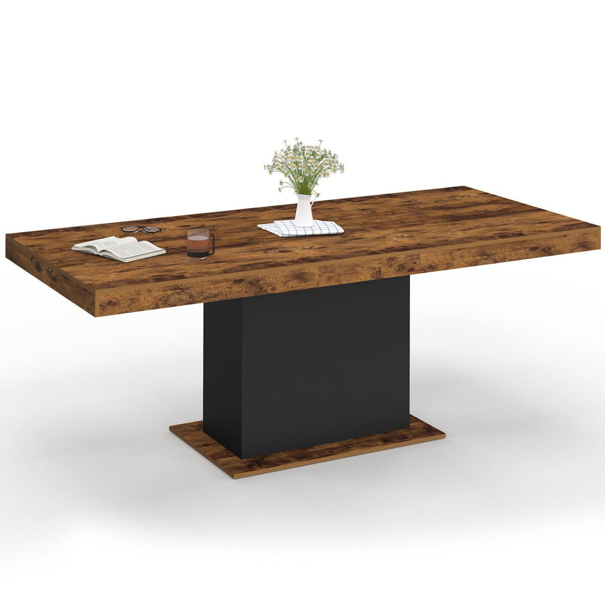 ID MARKET Table à manger extensible rectangle EDEN 6-10 personnes bois effet vieilli et noir 160-200 cm