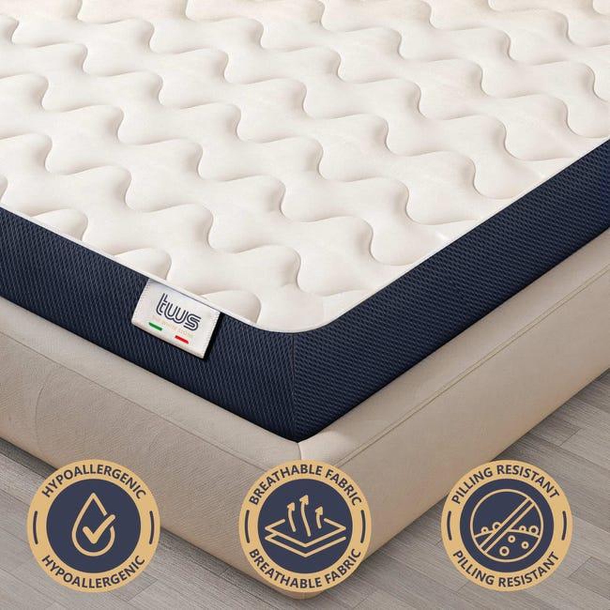 Voir la diapositive 4 : THE WHITE STONE Matelas 80 x 190 en Waterfoam Hypoallergénique | Hauteur 30 cm | Rembourrage en ouate et revêtement en tissu 3D respirant, anti-acarien et antifongique | Fabriqué en Italie