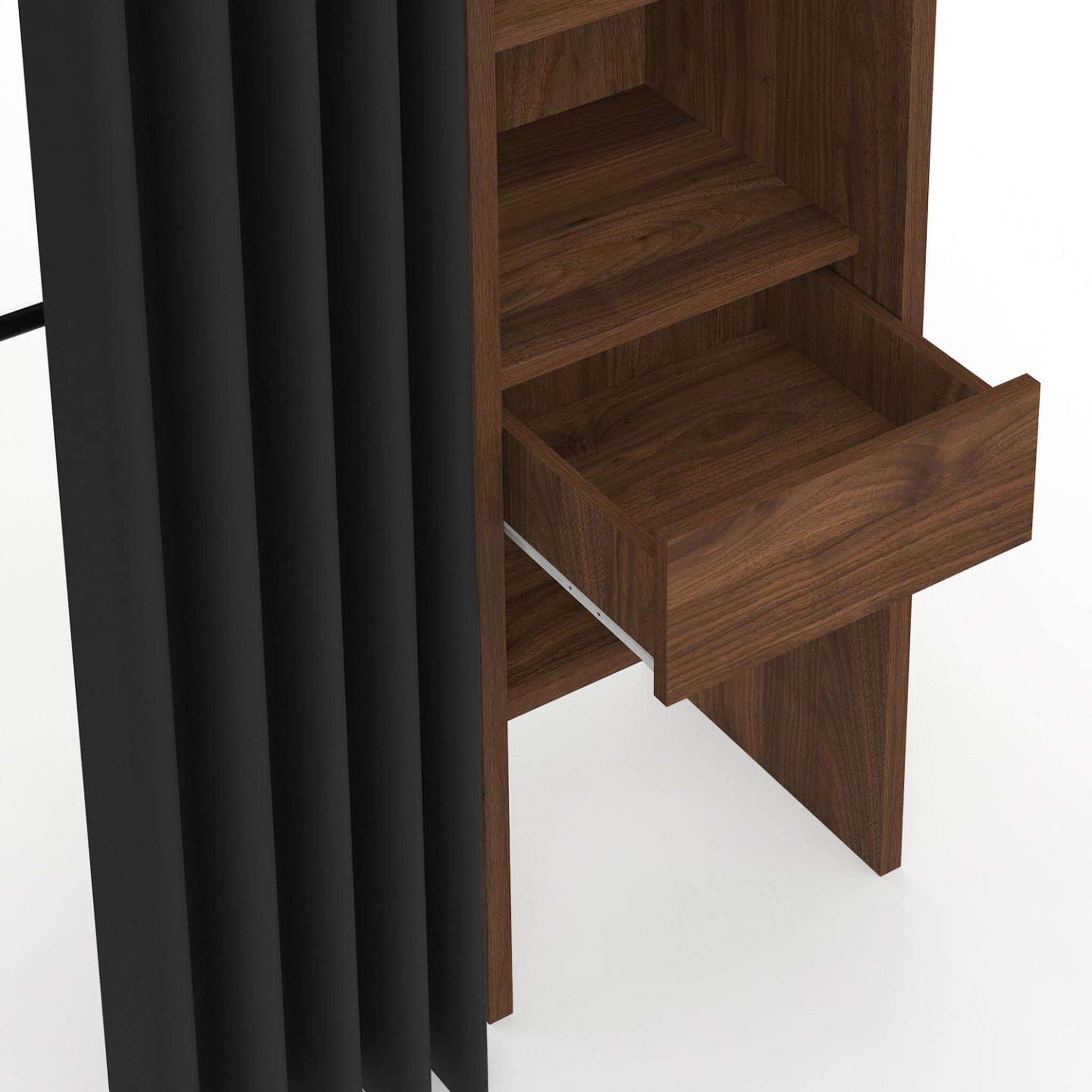 Voir la diapositive 5 : ID MARKET Dressing extensible double meryl 120/180 x 50 x 180 cm noyer avec étagères + double penderie + rideau noir