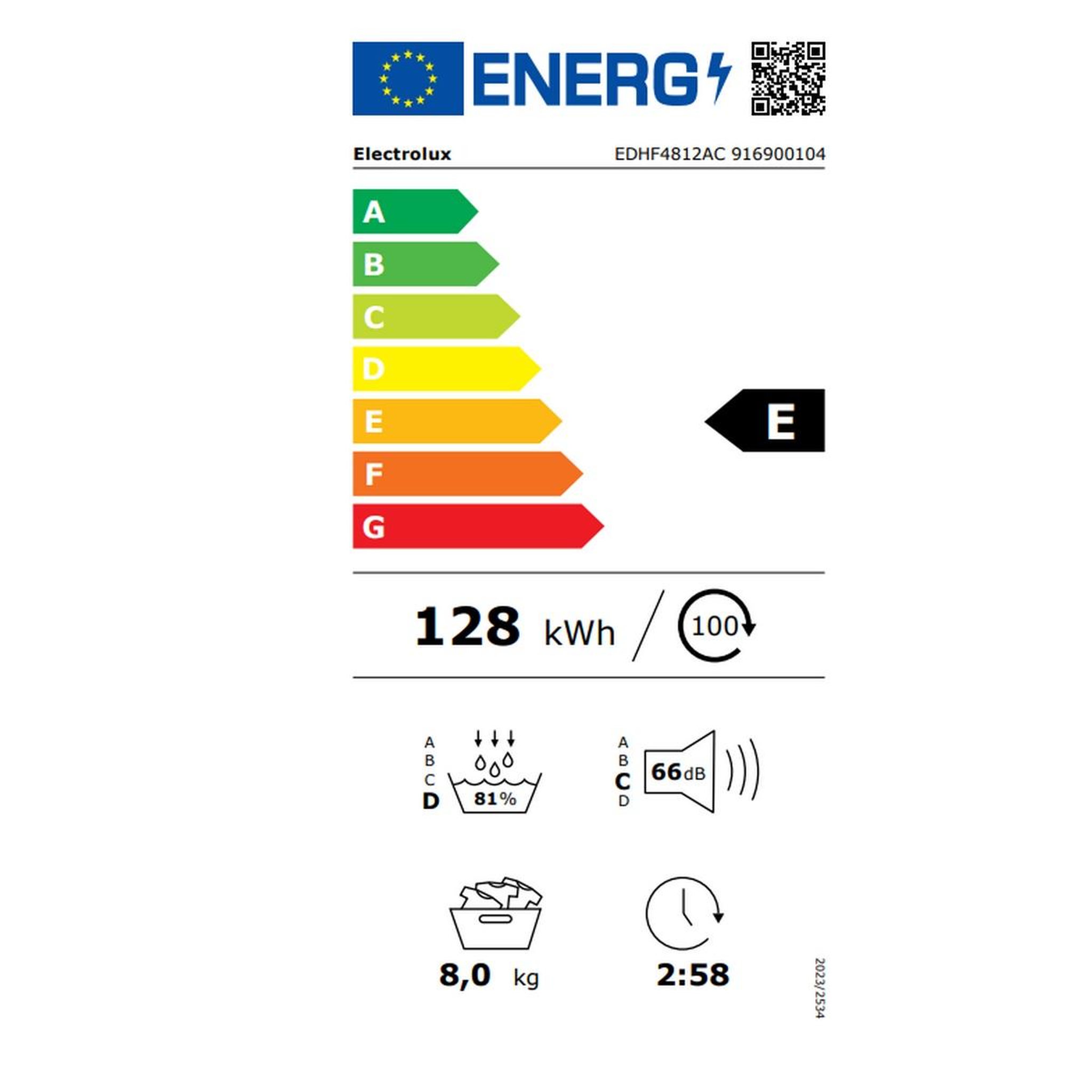 Voir la diapositive 2 : ELECTROLUX Sèche-linge pompe à chaleur 60cm 8kg blanc - edhf4812ac