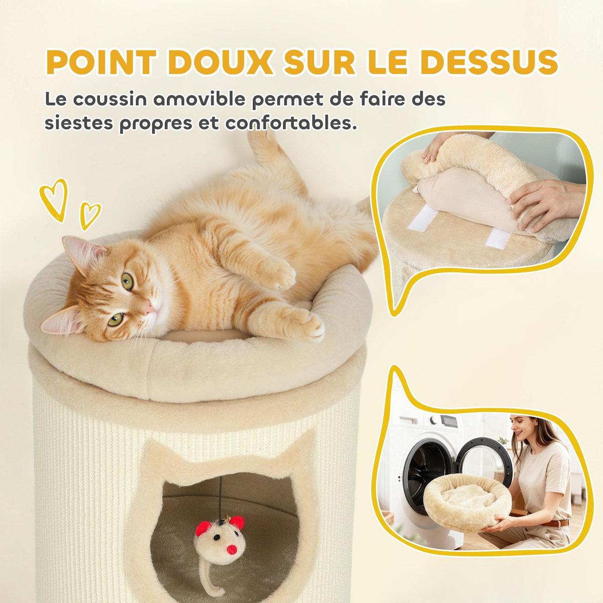 PAWHUT Tour à griffer pour chat - arbre à chat - 3 niches, 3 jouets, panier haut - sisal peluche beige