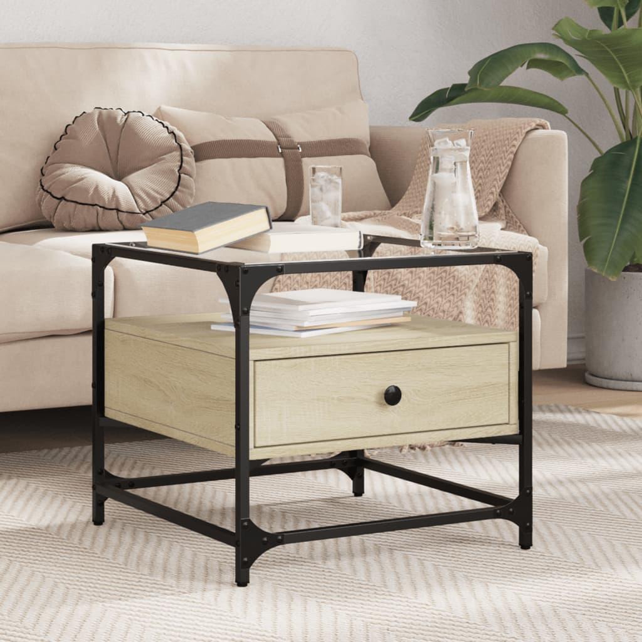 VIDAXL Table basse et dessus en verre chene sonoma 50x50x45 cm acier