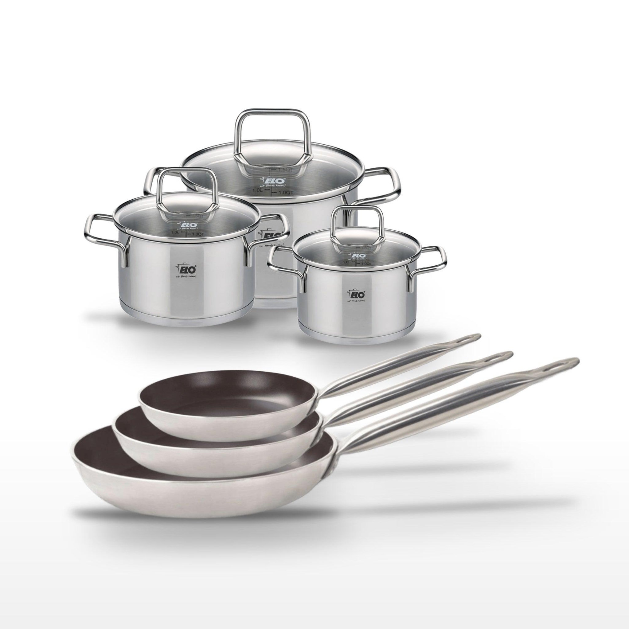 ELO Lot 3 poêles céramique elo bistro line 24/28/32 cm et 3 faitouts inox elo citrin