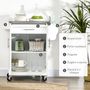 Voir la diapositive 5 : HOMCOM Chariot de service desserte de cuisine à roulettes îlot de cuisine - placard 2 portes, étagères, range couverts et condiments latéral - plateau acier inox. bois