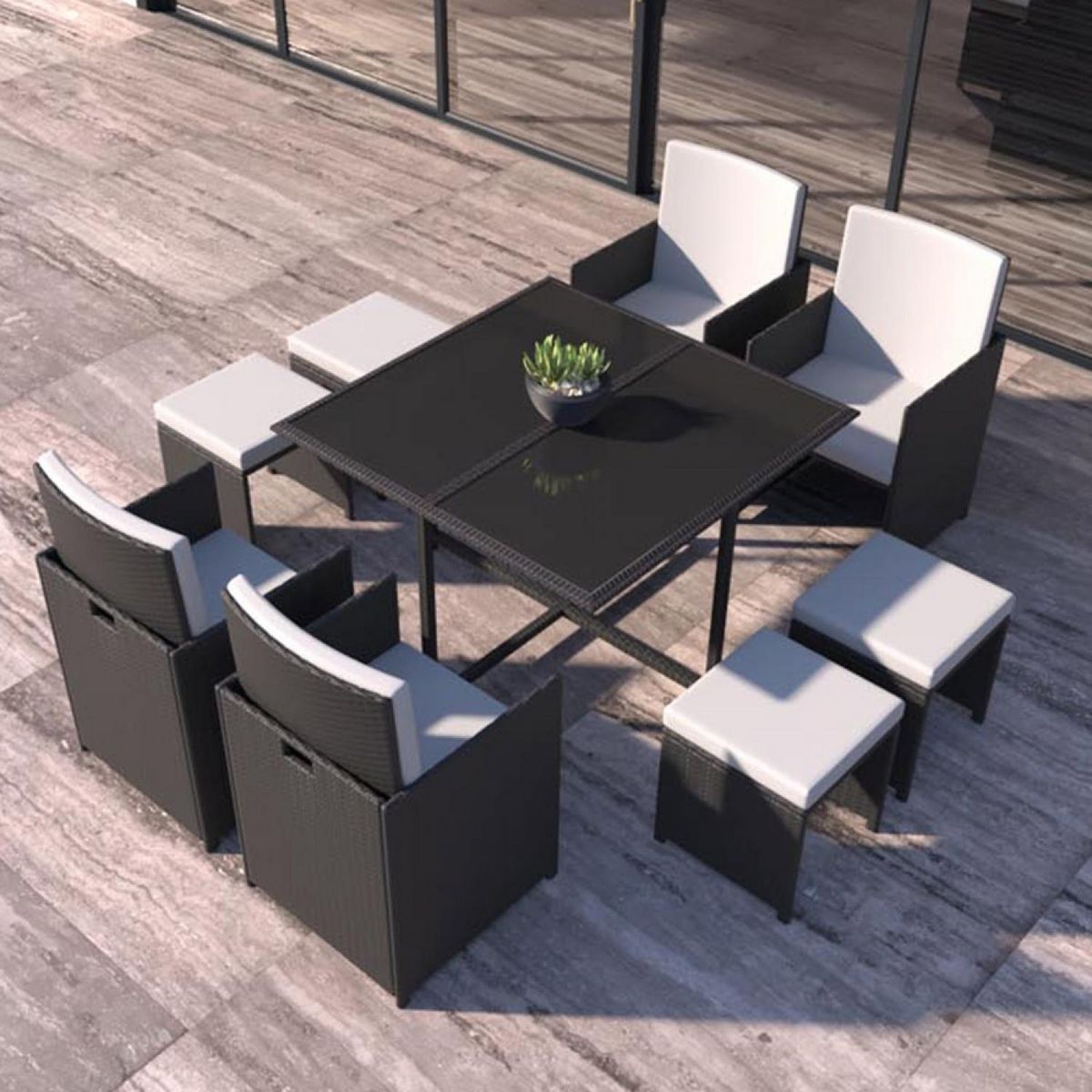 CONCEPT USINE Table et chaises 8 places en résine tressée noir et blanc FLORIDA