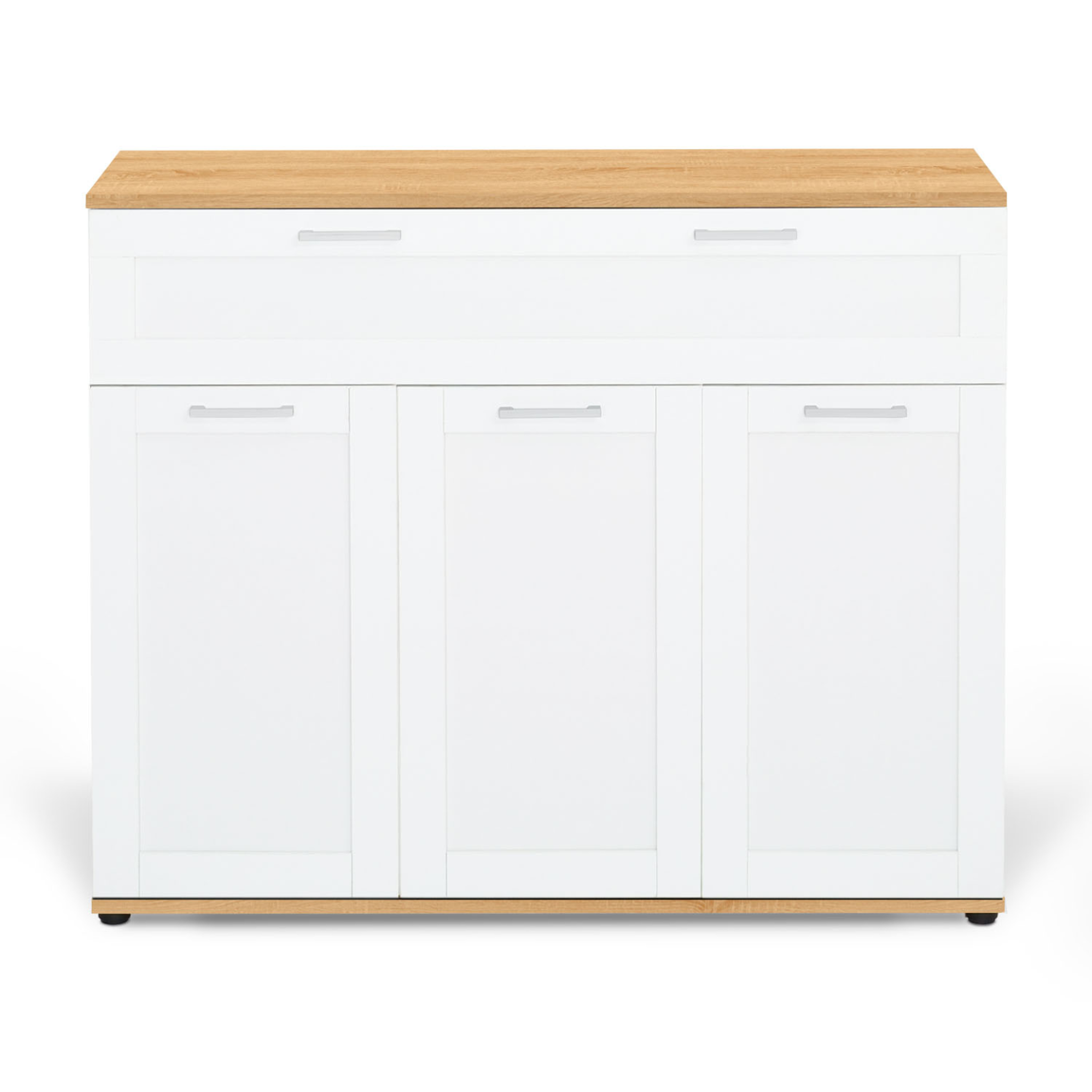 Voir la diapositive 3 : ID MARKET Buffet 100 cm vito 3 portes et 1 tiroir blanc et plateau bois