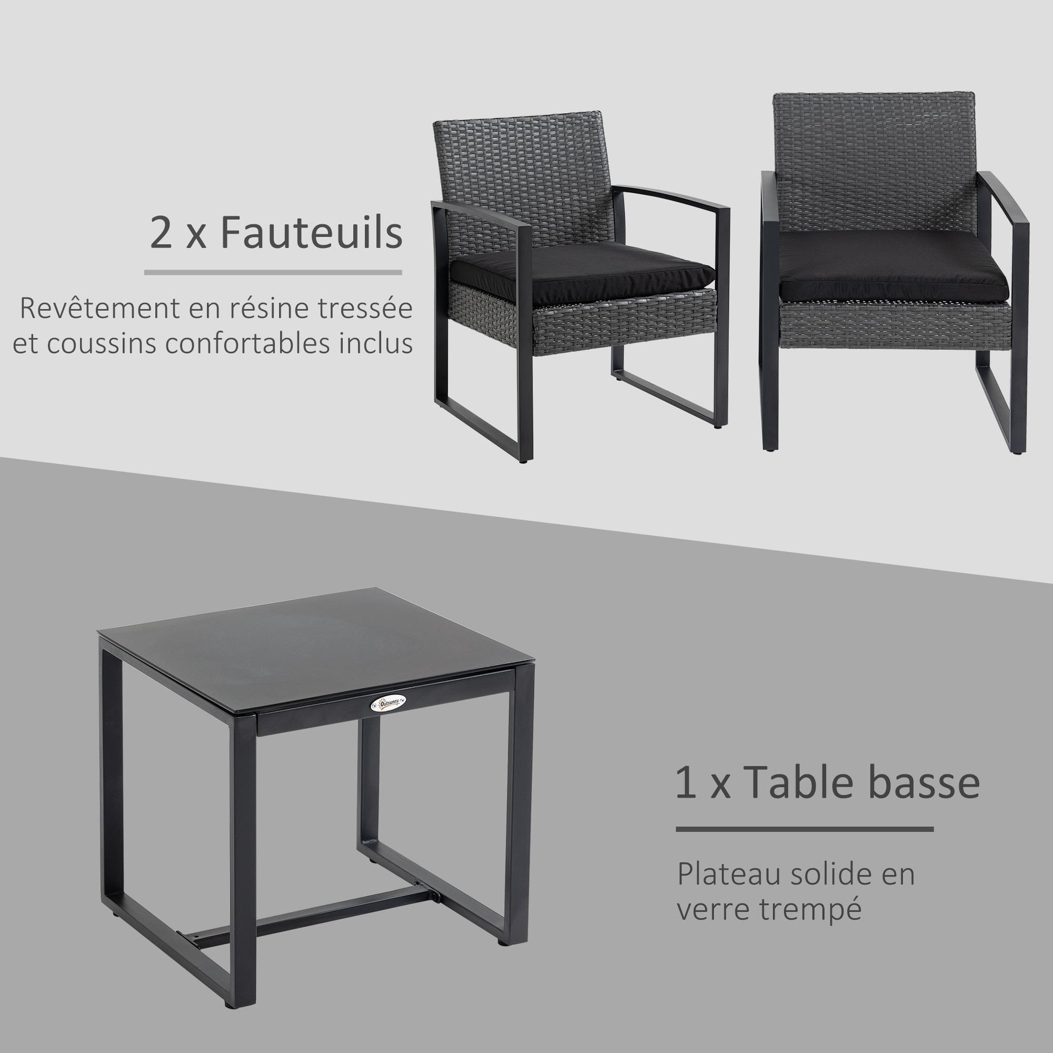 Voir la diapositive 5 : OUTSUNNY Salon de jardin 2 places 3 pièces 2 chaises avec coussins + table basse plateau verre trempé résine tressée aspect rotin noir