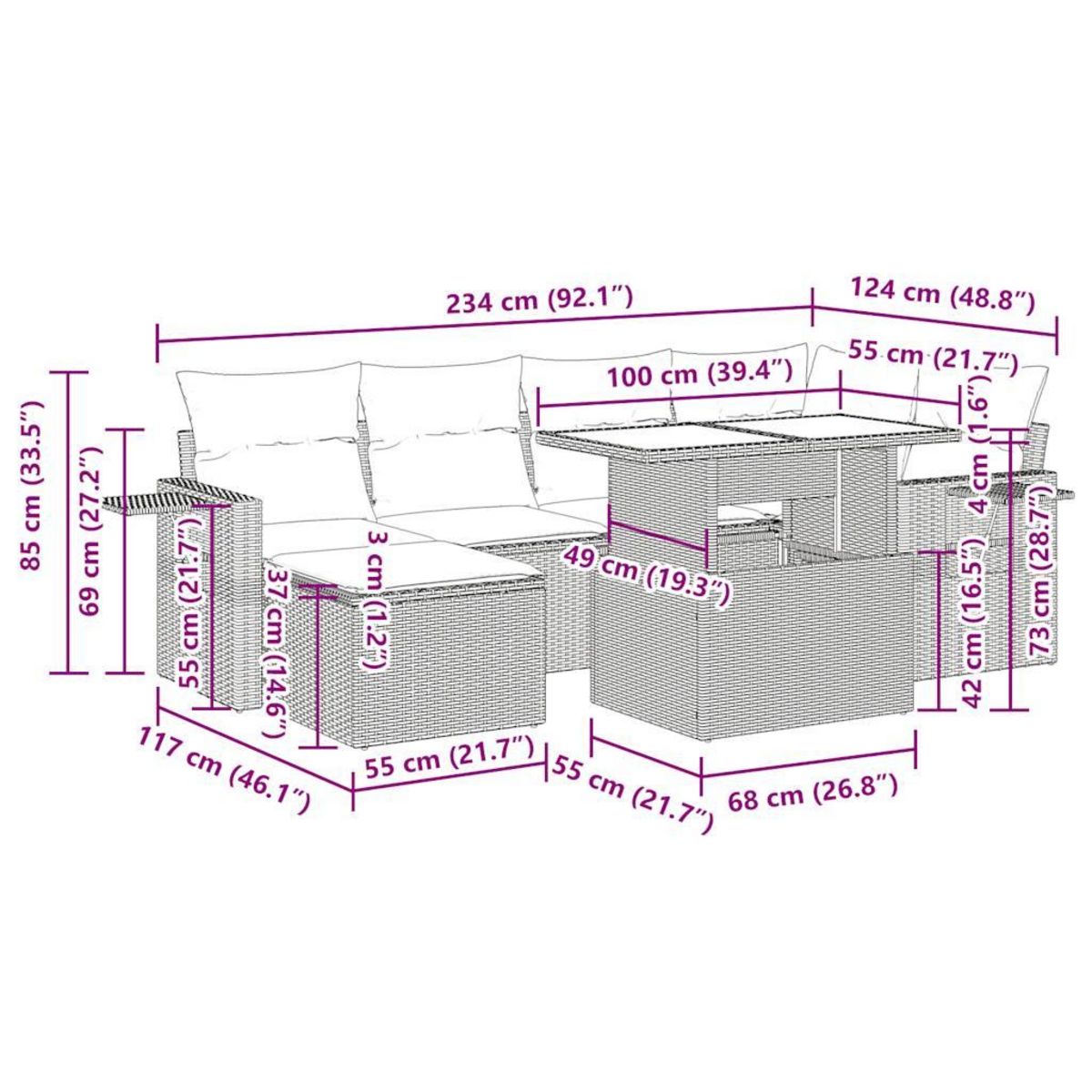 VIDAXL Salon de jardin 7 pcs avec coussins noir resine tressee