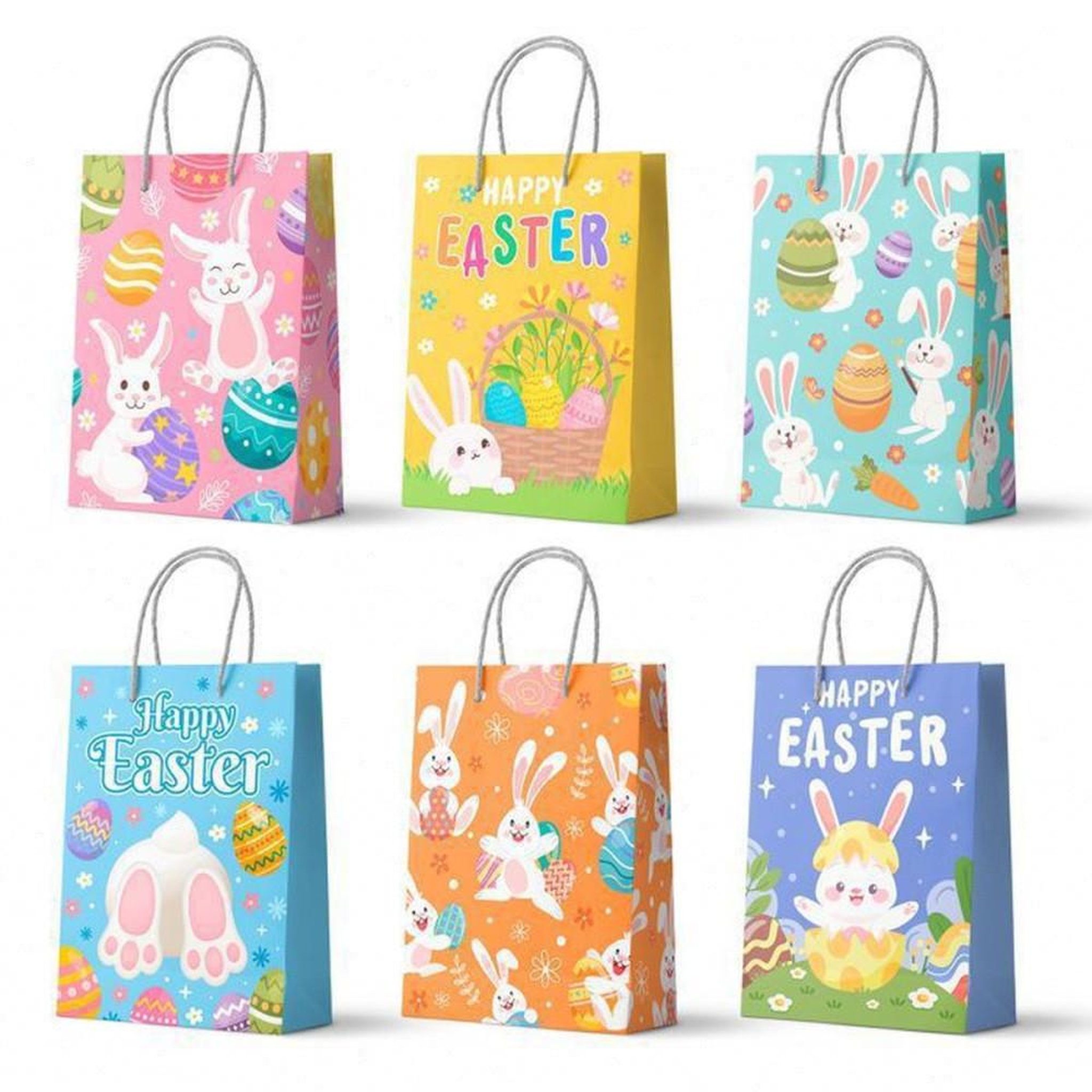 Sachets cadeaux Pâques en papier multicolore avec poignées, lot de 24 pièces, 6 motifs lapins et œufs