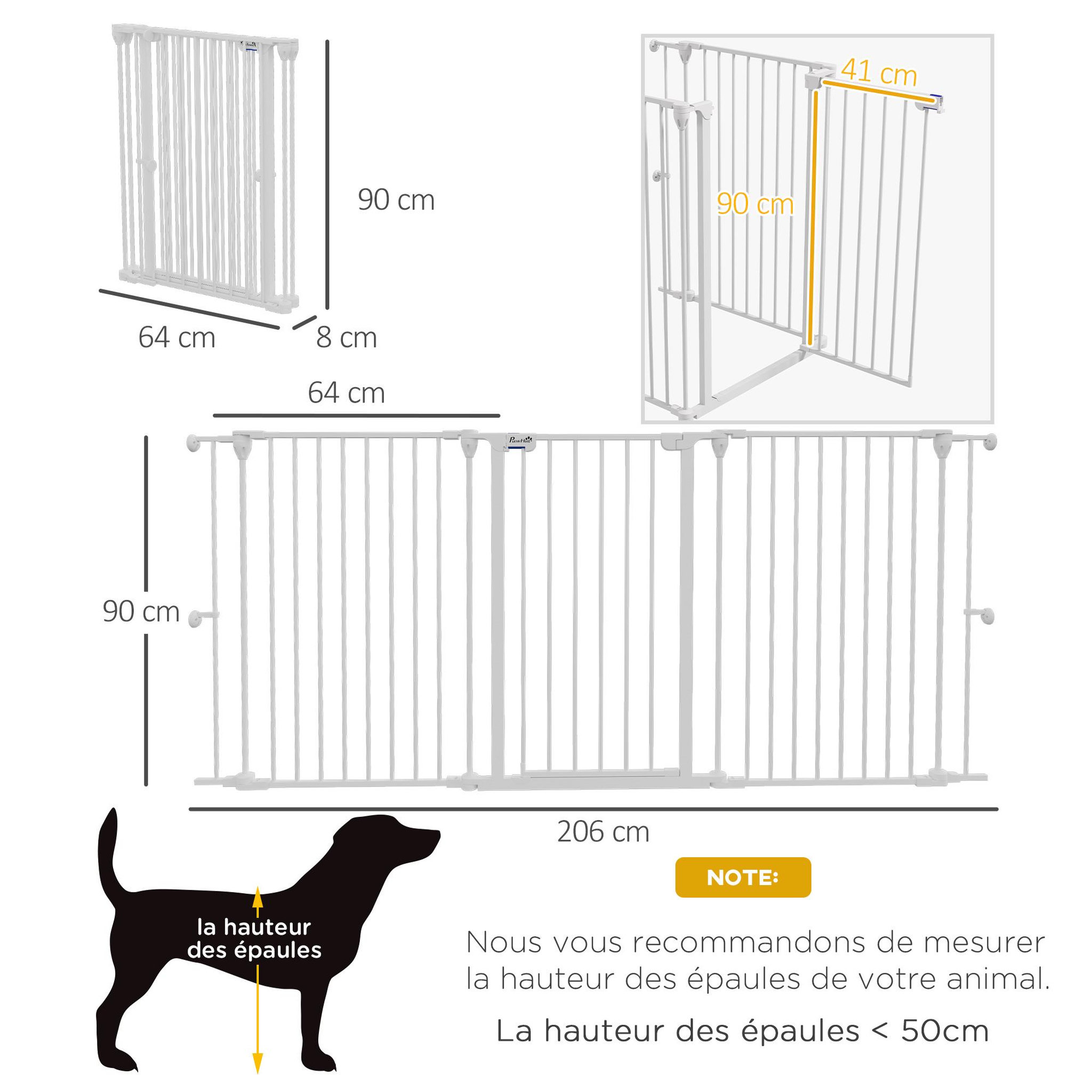 Voir la diapositive 3 : PAWHUT Barrière de sécurité pliable pour chien - 3 panneaux, porte verrouillable - dim. 206L x 90H cm - acier PP blanc