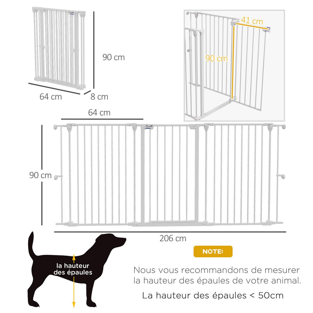 PAWHUT Barrière de sécurité pliable pour chien - 3 panneaux, porte verrouillable - dim. 206L x 90H cm - acier PP blanc