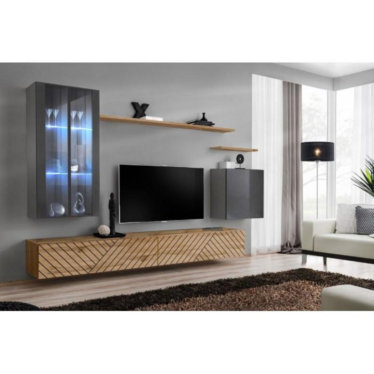 Paris Prix Ensemble Meuble TV  Switch Lamel XII  270cm Naturel & Gris