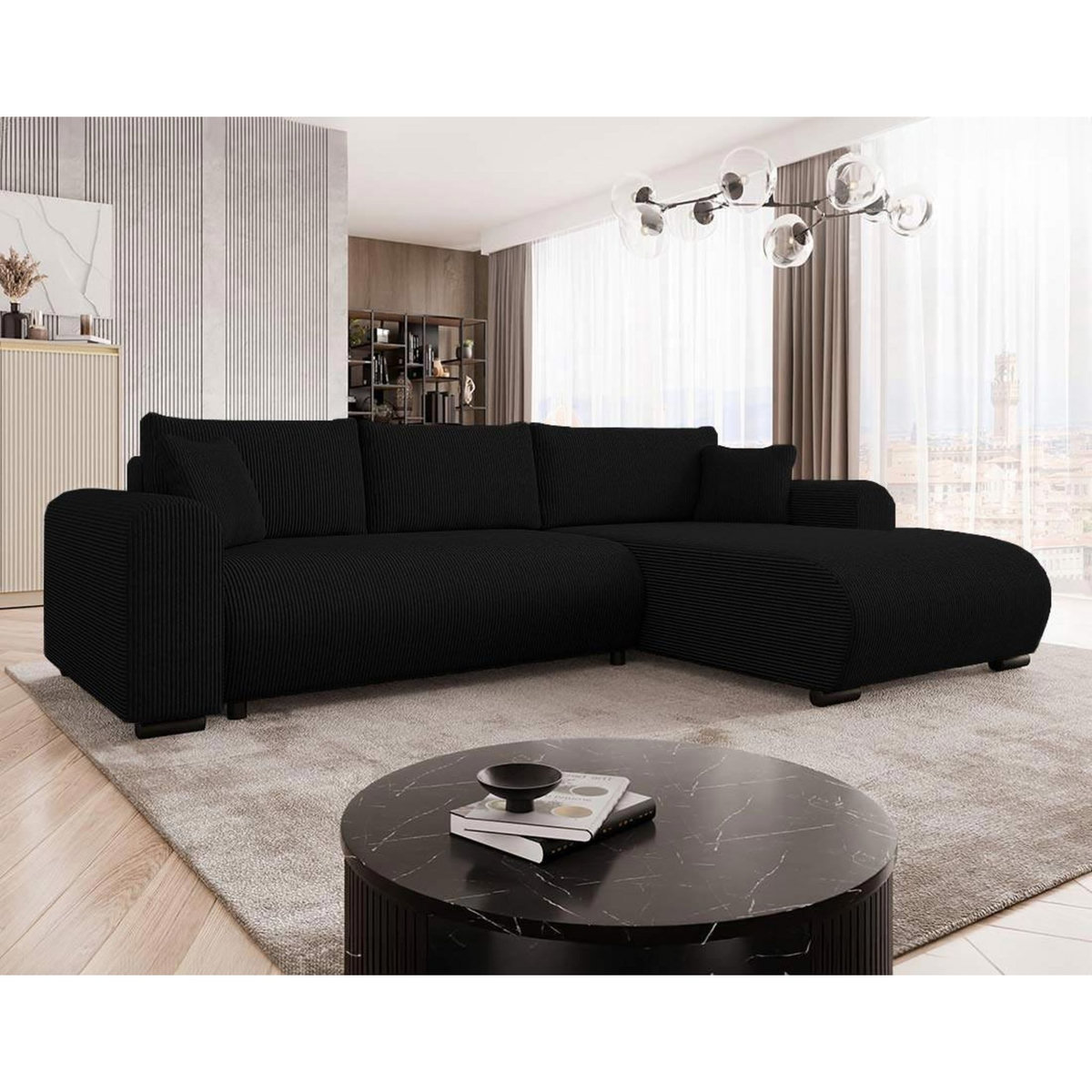 BEST MOBILIER Rosalie - canapé d'angle réversible 4 places convertible avec coffre en velours côtelé