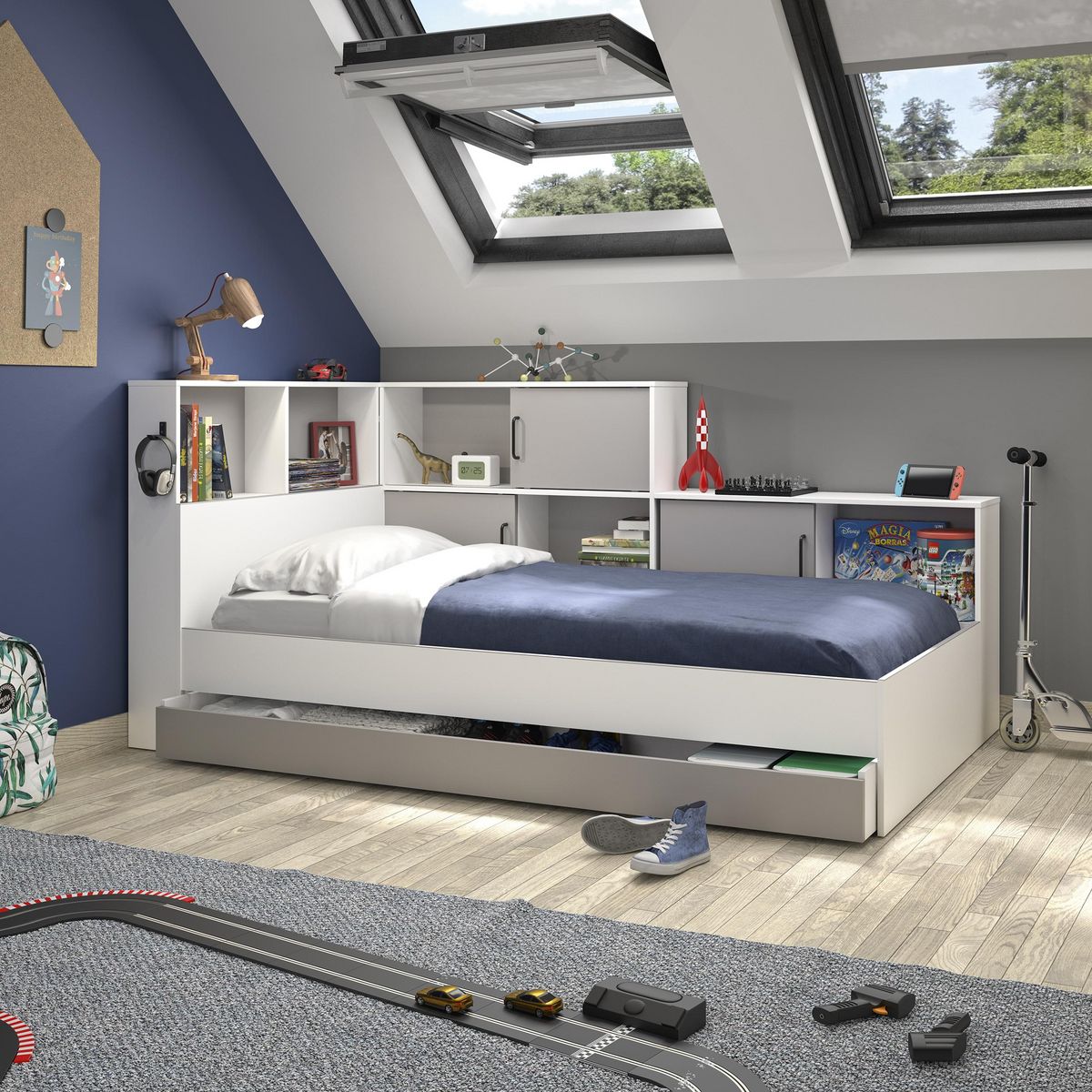 Lit 1 place avec 1 tiroir et rangements 90x200 cm LOUANE