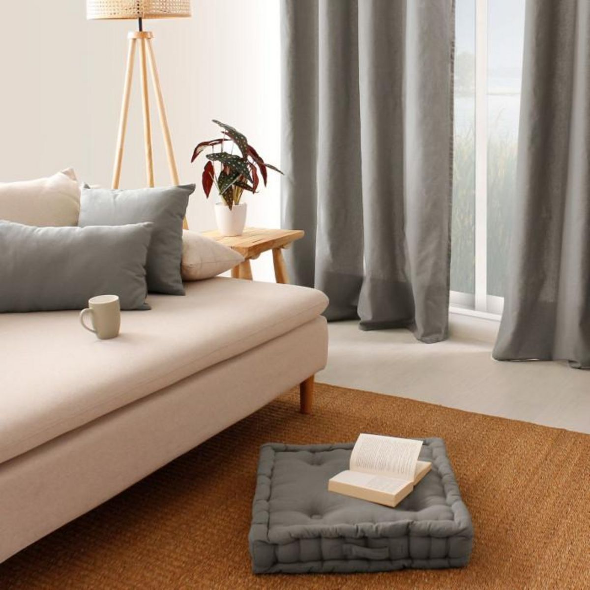 Paris Prix Coussin de Sol Uni  Panama  50x50cm Gris Clair