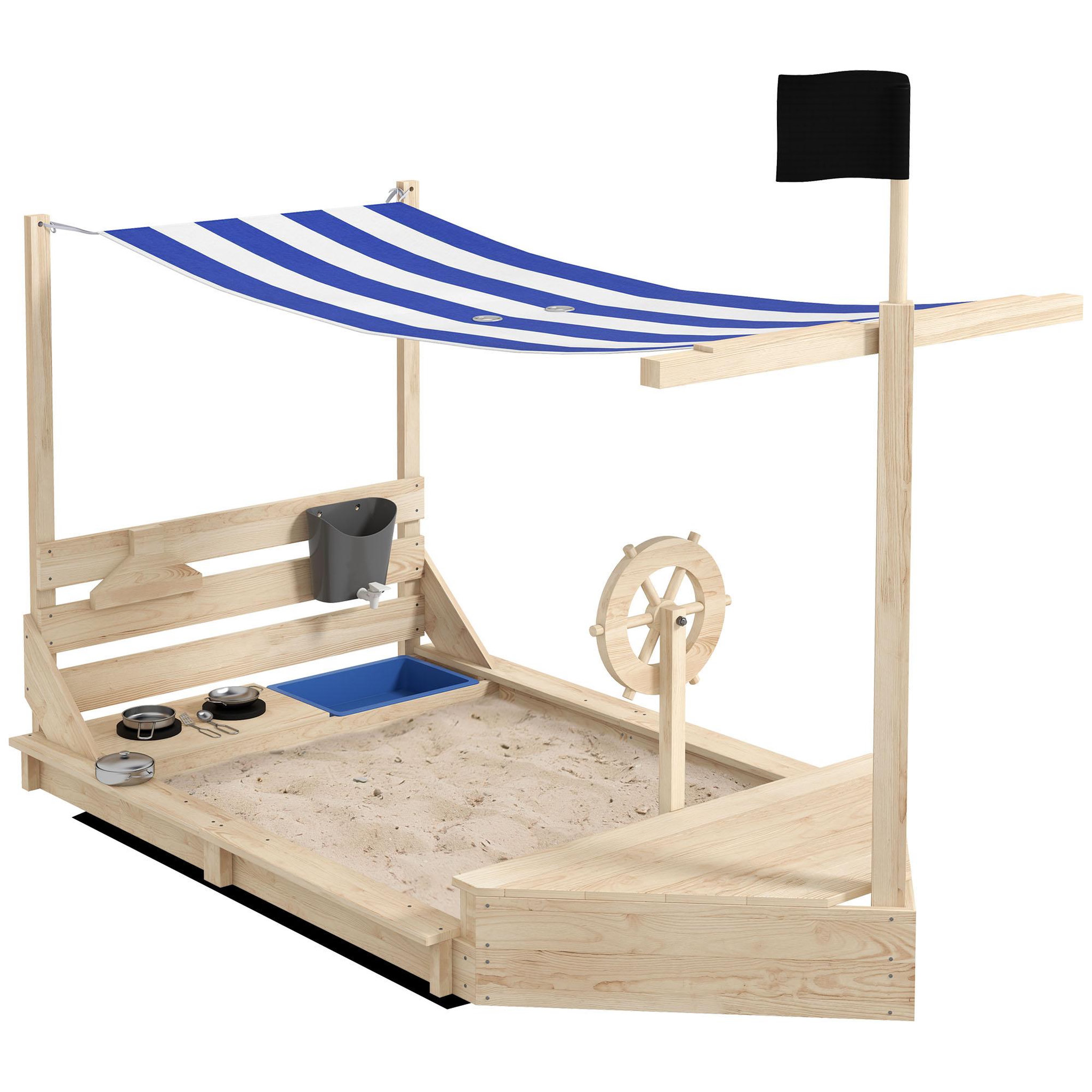 OUTSUNNY Bac à sable bateau de pirate en bois avec jeu de cuisine et 6 accessoires