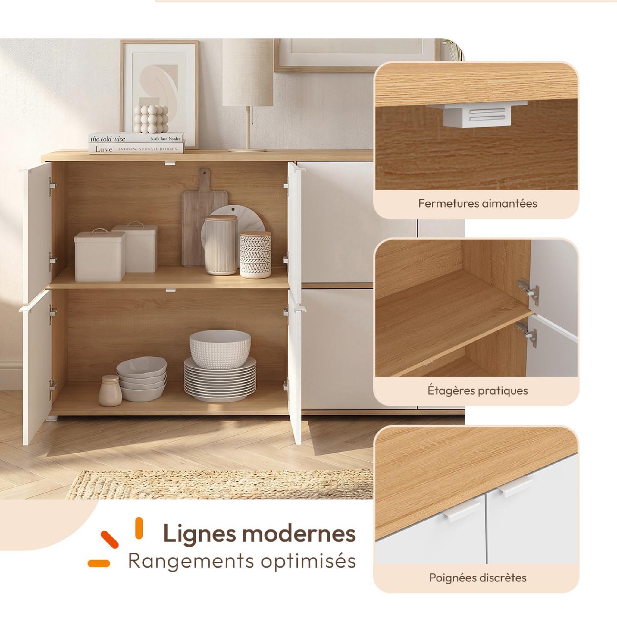 Voir la diapositive 3 : ID MARKET Buffet casier 130 cm cassie 8 portes blanc et bois