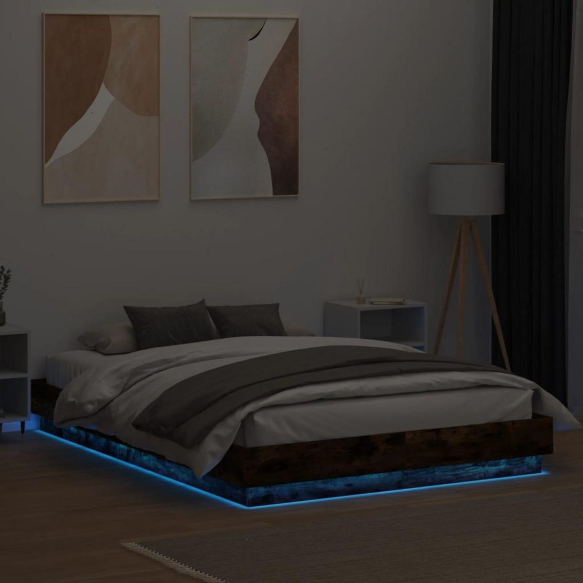 VIDAXL Cadre de lit avec LED sans matelas chene fume 140x200 cm