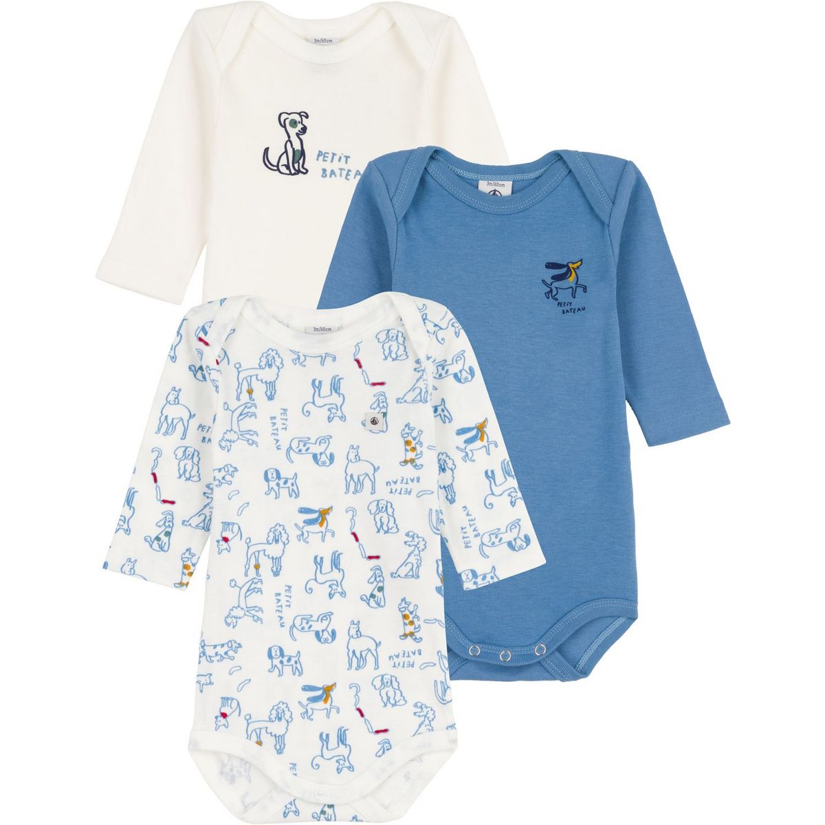 PETIT BATEAU Lot de 3 bodies manches longues chiens bébé garçon