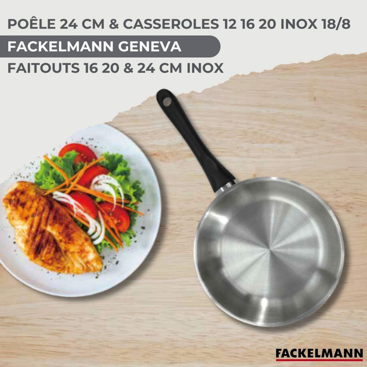 Fackelmann Set 1 poêle 24 cm 3 casseroles 12 16 20 cm, 3 faitouts 16, 20 et 24 cm en inox et 6 ustensiles inox Fackelmann Geneva