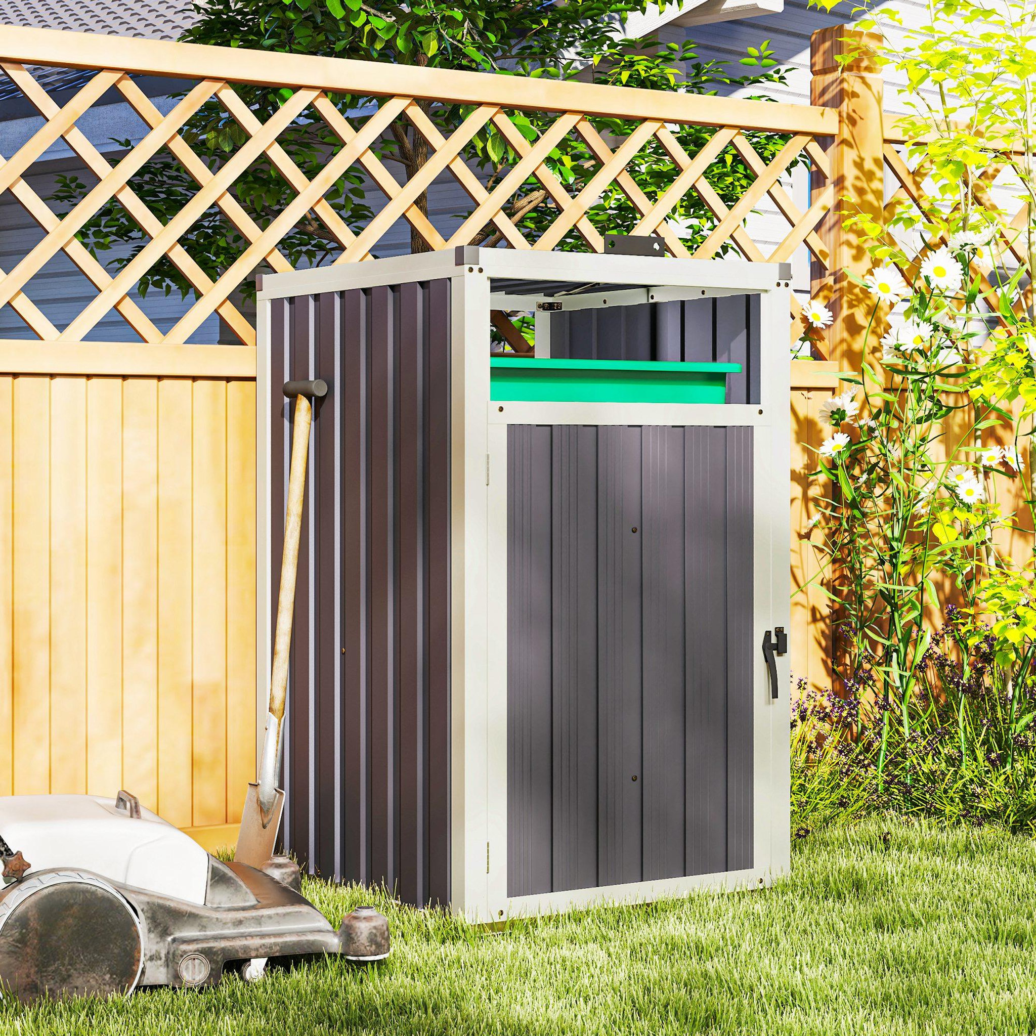 Voir la diapositive 5 : OUTSUNNY Abri poubelle - cache poubelle - 240L - porte, couvercle - tôle acier ondulé blanc gris