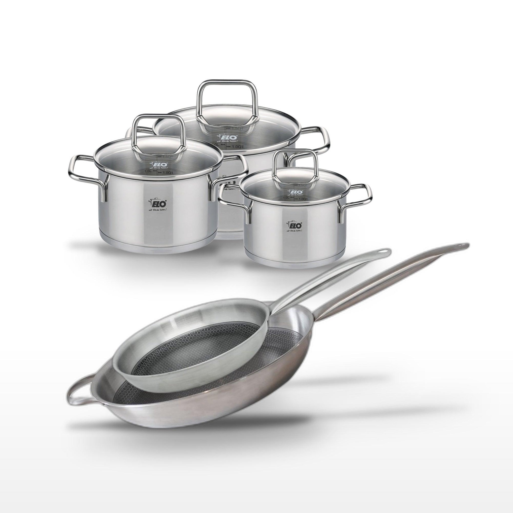 ELO Batterie de cuisine ensemble de cuisine avec poêles 28/32 cm et faitouts 12/14/16 cm elo collection relief solution citrin