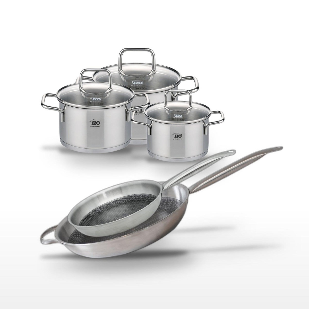 ELO Lot 2 Poêles 32/28 cm et 3 Faitouts 16/14/12 cm Elo Relief Solution