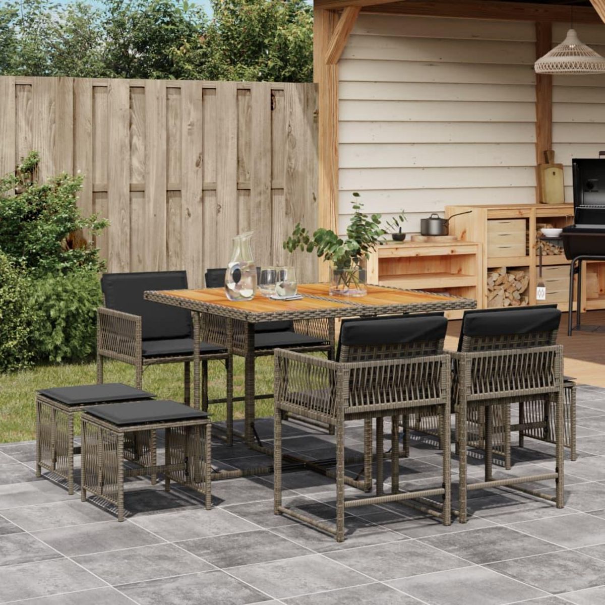 VIDAXL Ensemble a manger de jardin 9 pcs coussins gris resine tressee