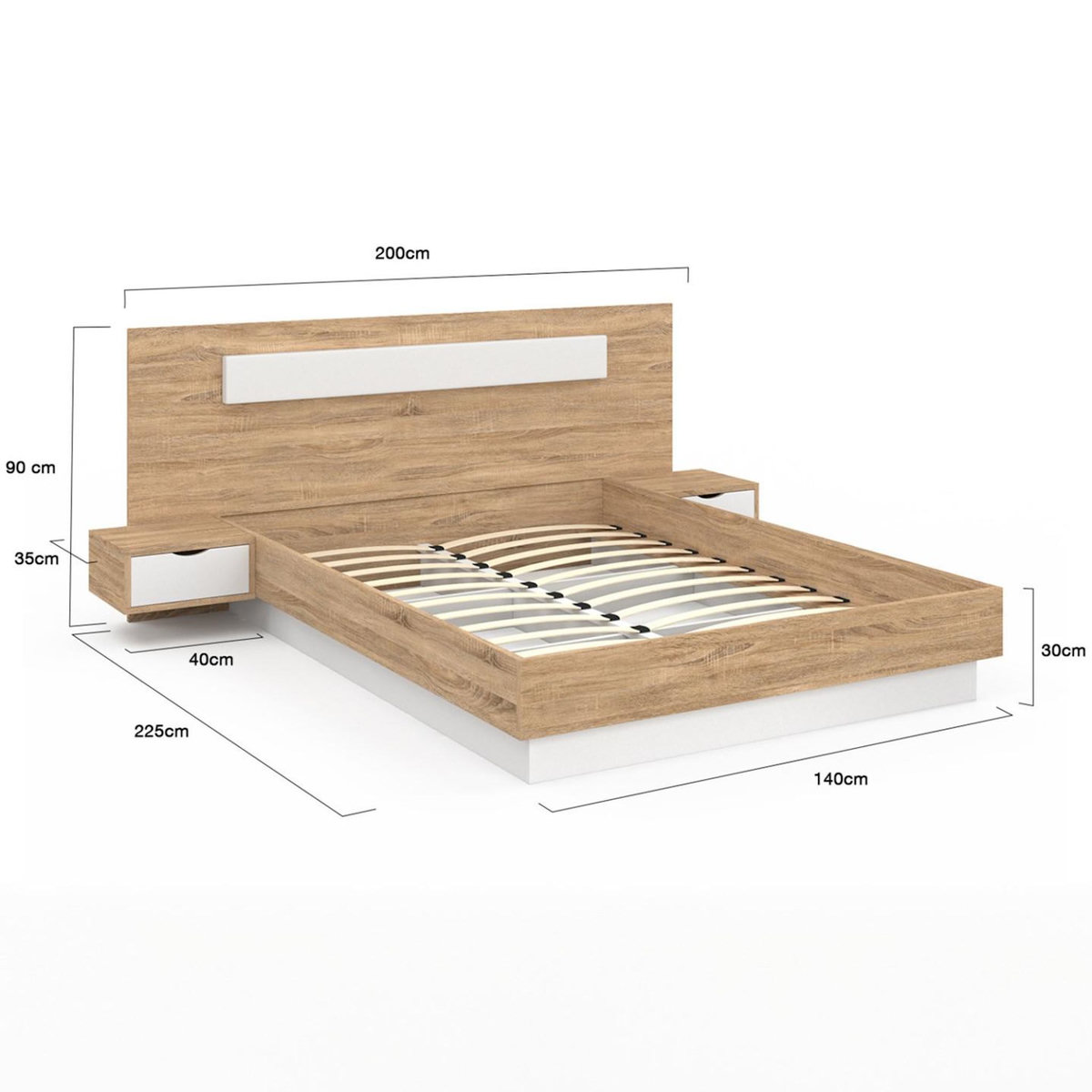 ID MARKET Lit double SANTA avec tête de lit + tables de chevet intégrées et sommier 140 x 190 cm bois et blanc