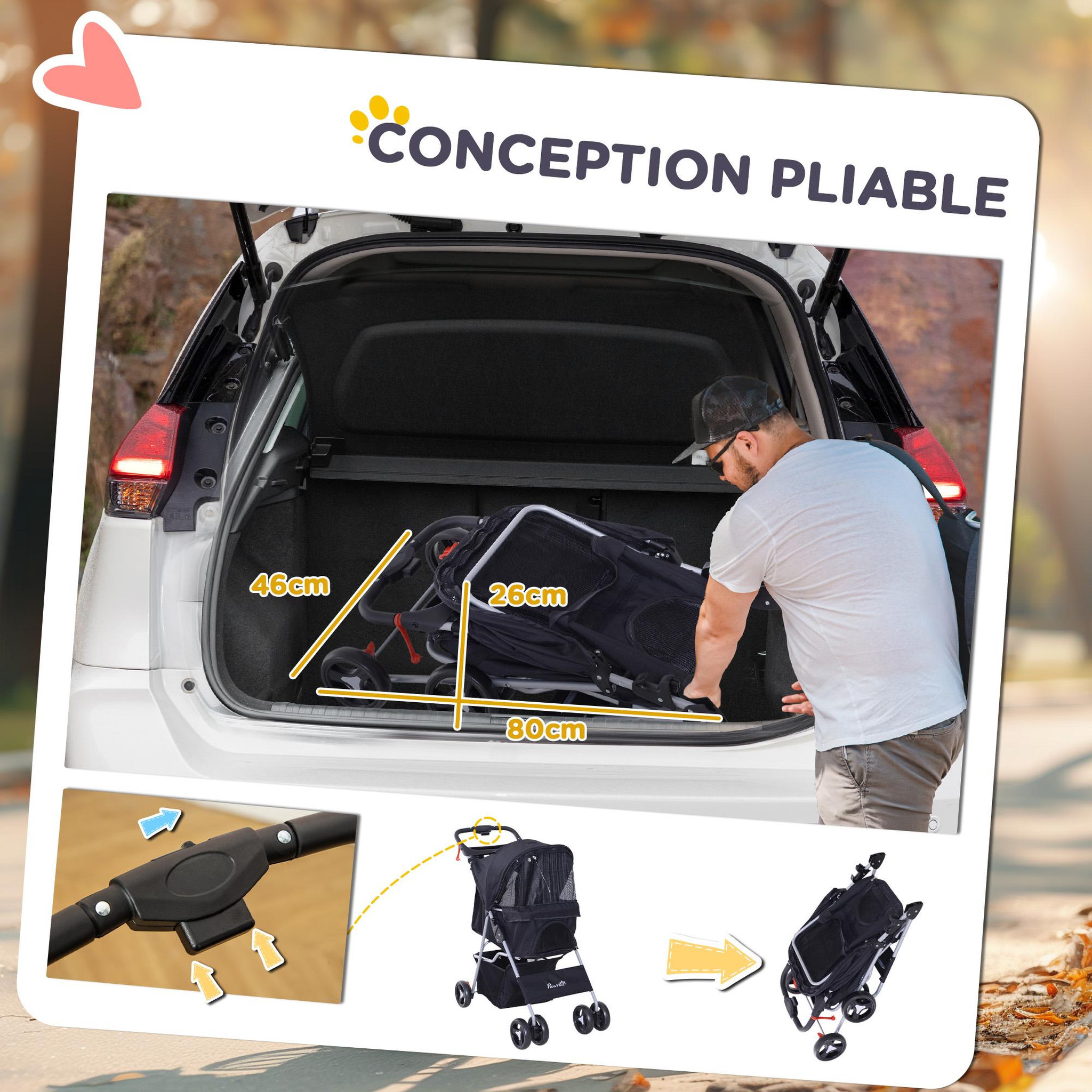 Voir la diapositive 5 : PAWHUT Poussette buggy pour chiens 75l x 46l x 94h cm pliable imperméable tissu 600d oxford 4 roues noir