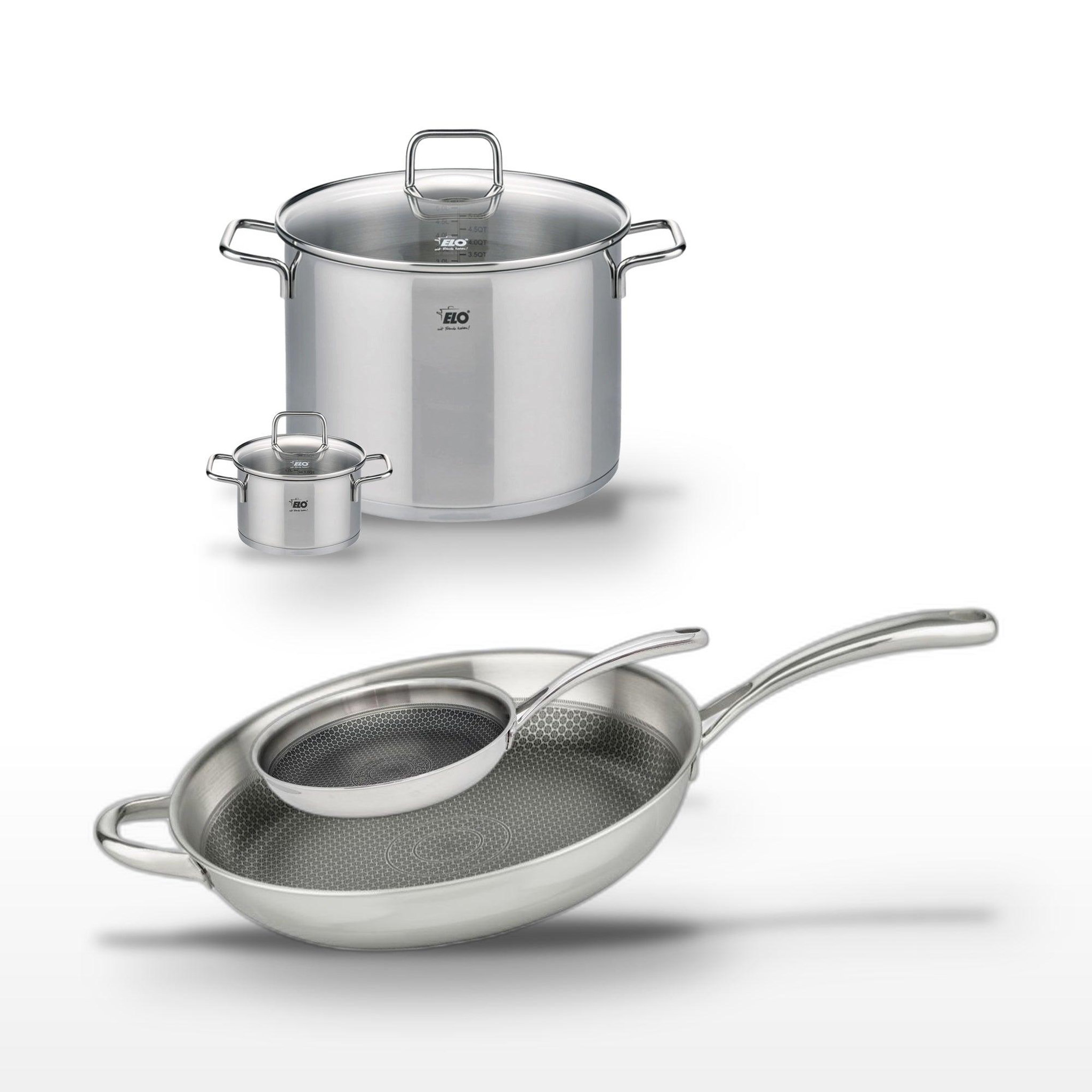 ELO Lot poêles 32cm & 24cm en inox elo relief evolution et faitouts 26cm & 12cm