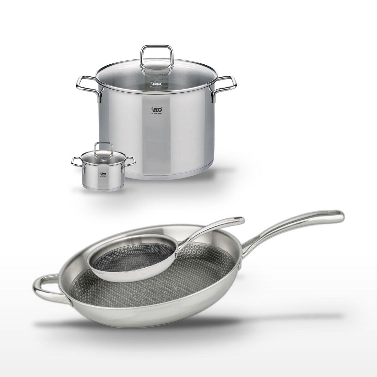 ELO Lot Poêles 32cm & 24cm en inox Elo Relief Evolution et Faitouts 26cm & 12cm
