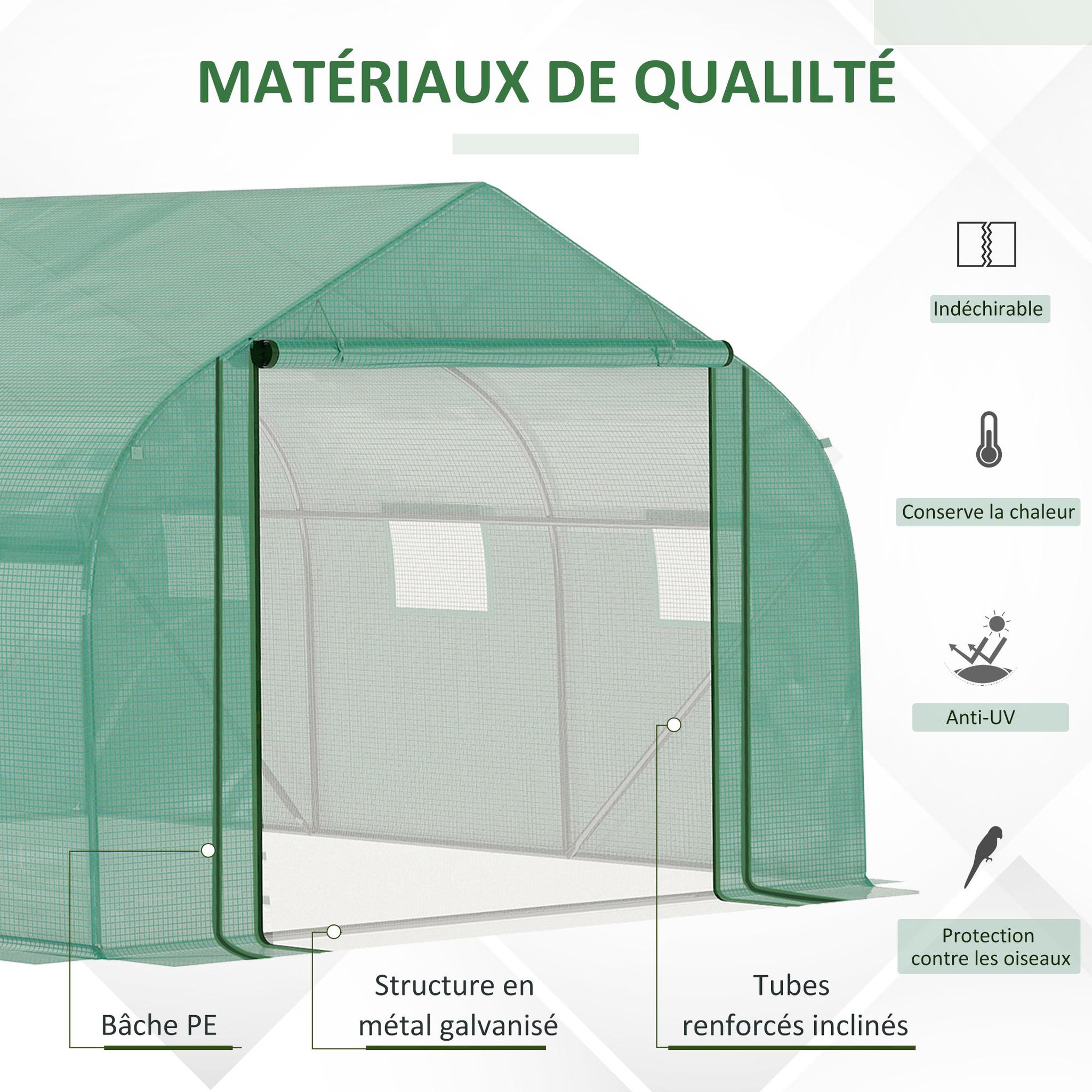 Voir la diapositive 4 : OUTSUNNY Serre tunnel de jardin grande taille dim. 3,47l x 3l x 2h m - 6 fenêtres et porte zippée enroulable - acier galvanisé pe haute densité vert