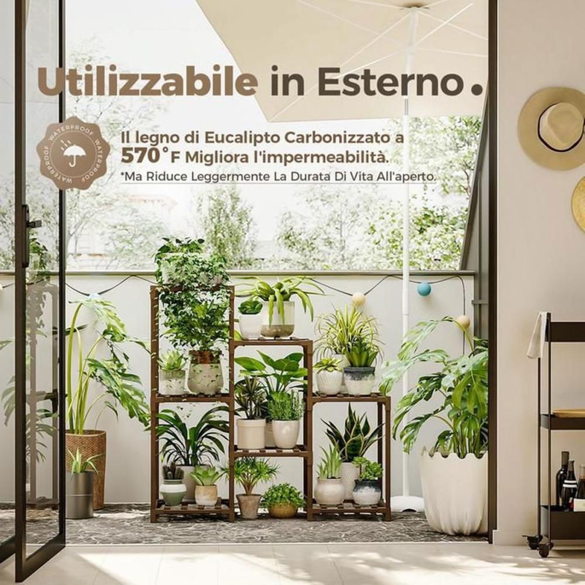 Voir la diapositive 3 : Support à plantes en échelle en eucalyptus carbonisé, jusqu'à 7 pots, montage sans vis