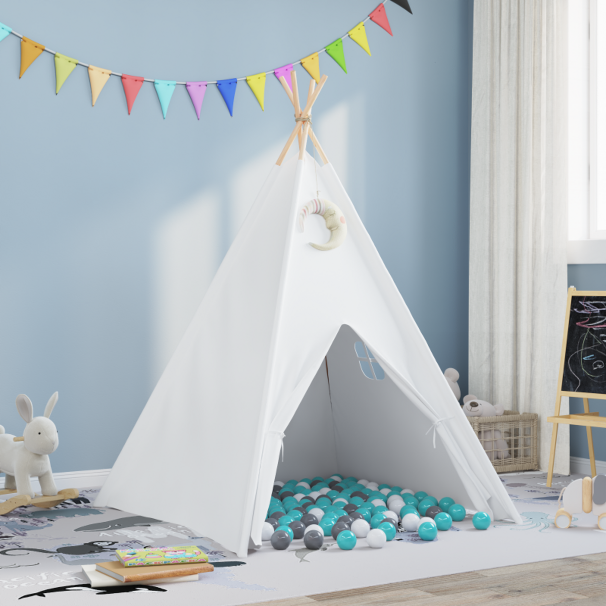 VIDAXL Tente Teepee pour enfants avec sac couleur pêche et balles de jeu en blanc